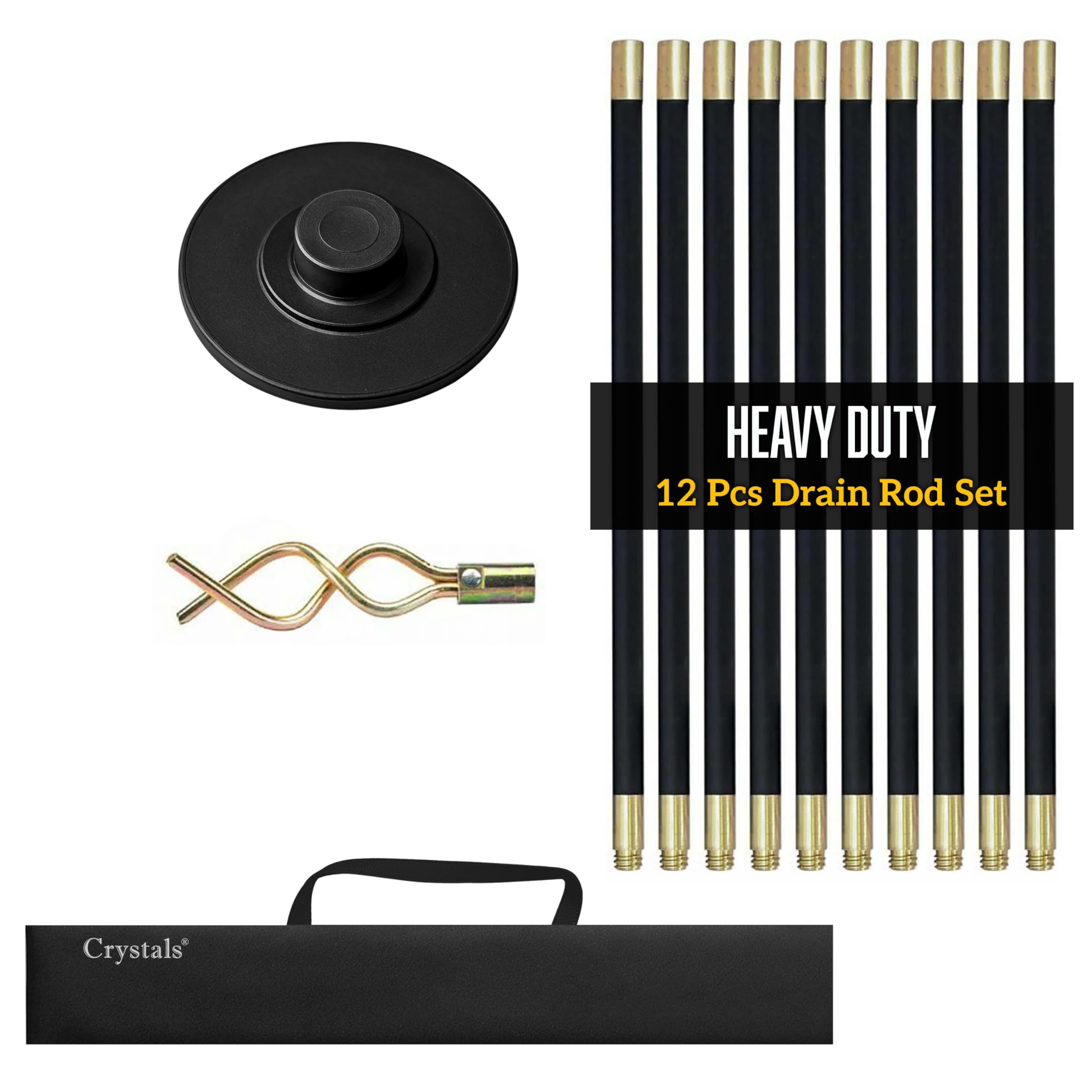Crystals Drain Rods Set, Drainage Rods for Outside Drain Flexible, 12 Pcs / 9.2M Drain Unblocker with Heavy Duty Rubber Plunger & Double Worm Screw, Drainage Rods for Drain Cleaning with Carry Bag