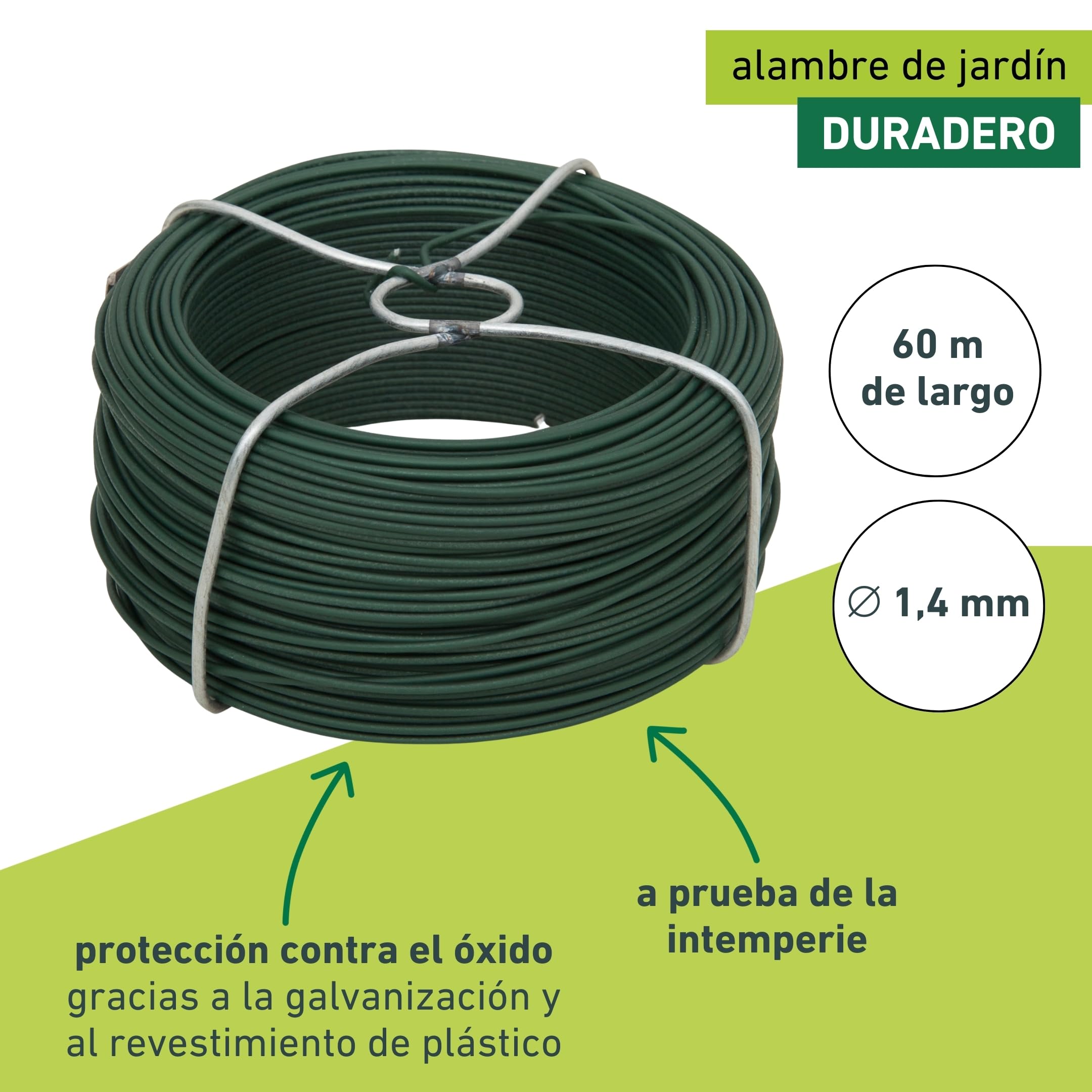 Windhager Alambre para jardín, Alambre para Flores, Alambre para Plantas, Alambre galvanizado y Revestido, Verde, 60 m x 1,4 mm, 06226