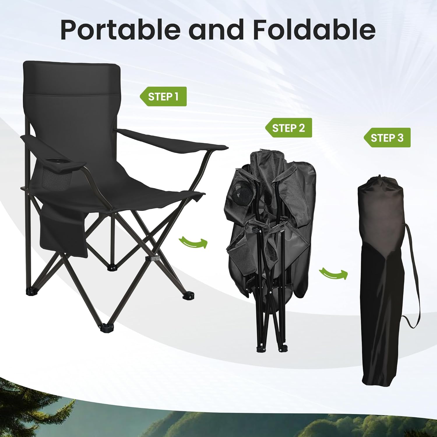 Portable Camping Chair 2 Pack, Folding Outdoor Chair with Cup Holder & Side Pocket for Camping, Hiking, Picnic, Beach (Black)