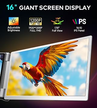 16 Laptop Screen Extender, 1200P FHD Triple Portable Laptop Monitor Extender for 12-18.5 Laptops, 16:10 Aspect Ratio Rotation Screen, Compatible with MacOS, Wins, Chrome, Surface