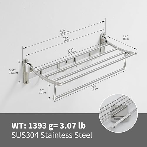 Miniatura 6 de BESy Toalleros de níquel cepillado de 24 pulgadas, toallero de baño con soporte plegable para toallero y ganchos para toallas, accesorios de baño