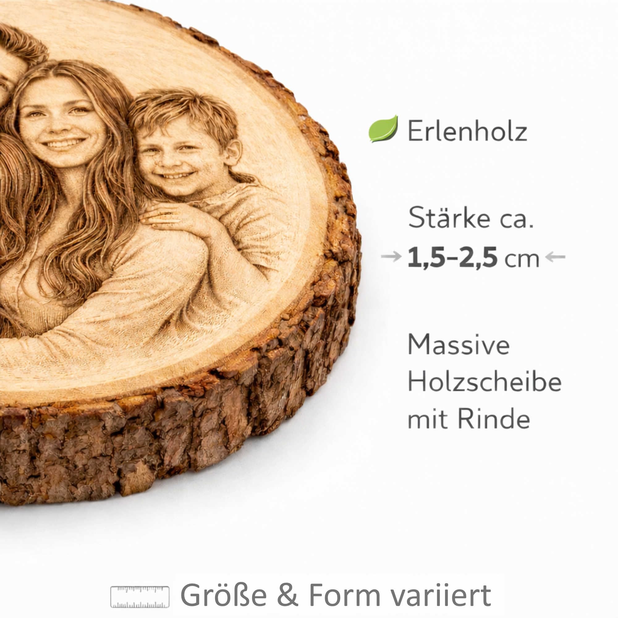 Personalisierte Holzscheibe mit Foto und Wunschtext 20-23 cm gravierte Baumscheibe aus Erlenholz mit Rinde Fotogravur auf Holz