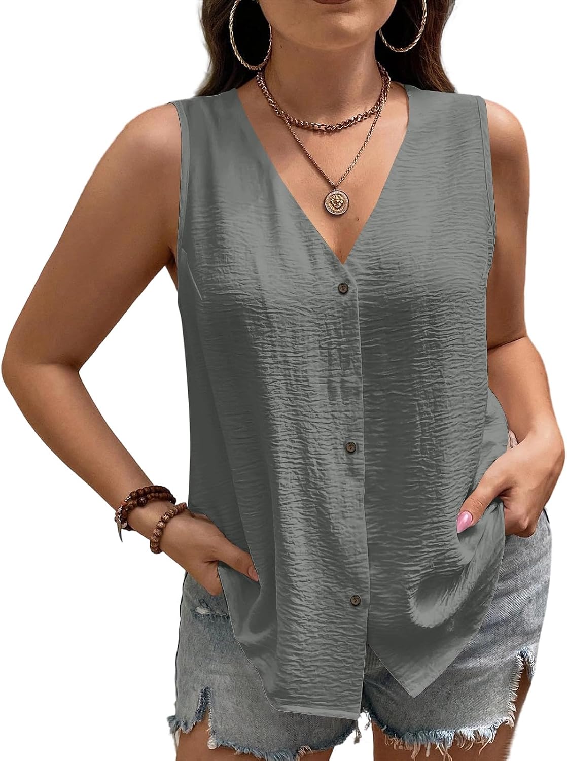 Womens Tank Tops V Neck Button Down Cute Summer Tops Loose Fit Casual Sleeveless Beach Vacation Clothes
