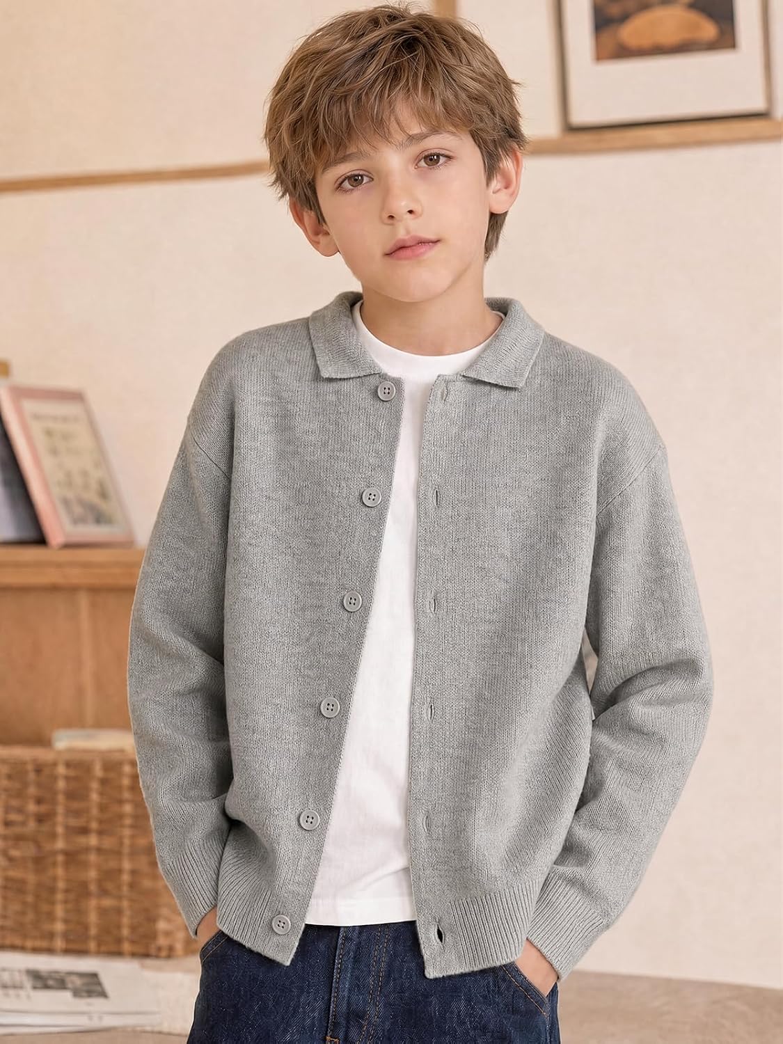 Haloumoning Boys Collared Cardigan Sweater Button Down Uniform Fall Outwear
