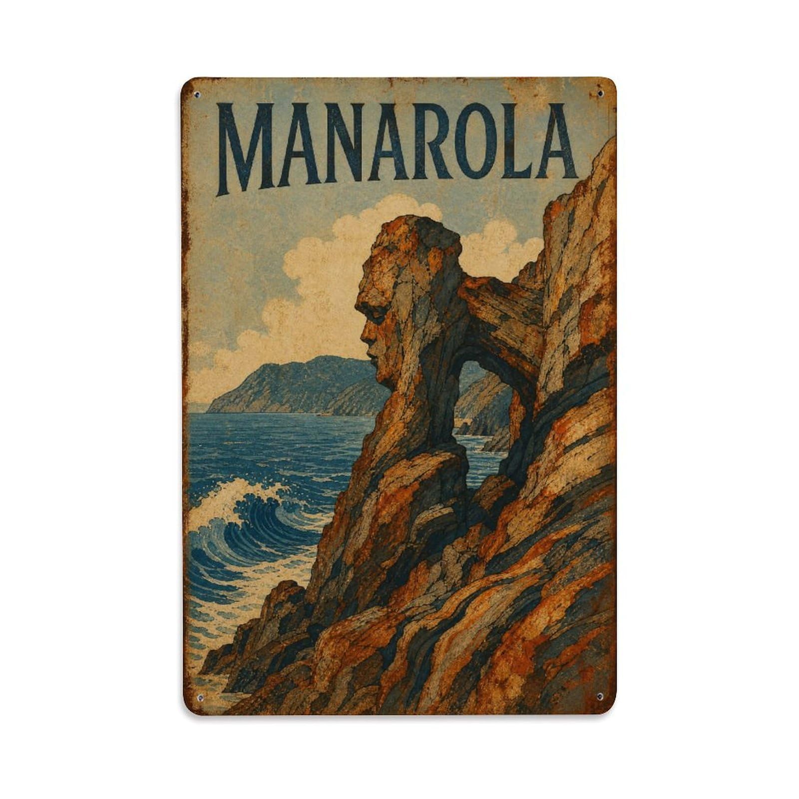 Huiyhb 8X12inch(20X30cm) Vintage Manarola Coastal Rocks Natural Sculpture Italy Metal Tin Sign