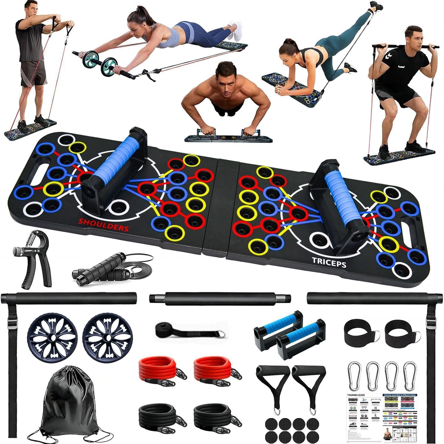 ZYTSHOP Portable Home Gym System: Large Compact Push Up Board, Pilates Bar & 20 Fitness Accessories with Resistance Bands Ab Roller Wheel - Full Body Workout for Men and Women, Gift Boyfriend