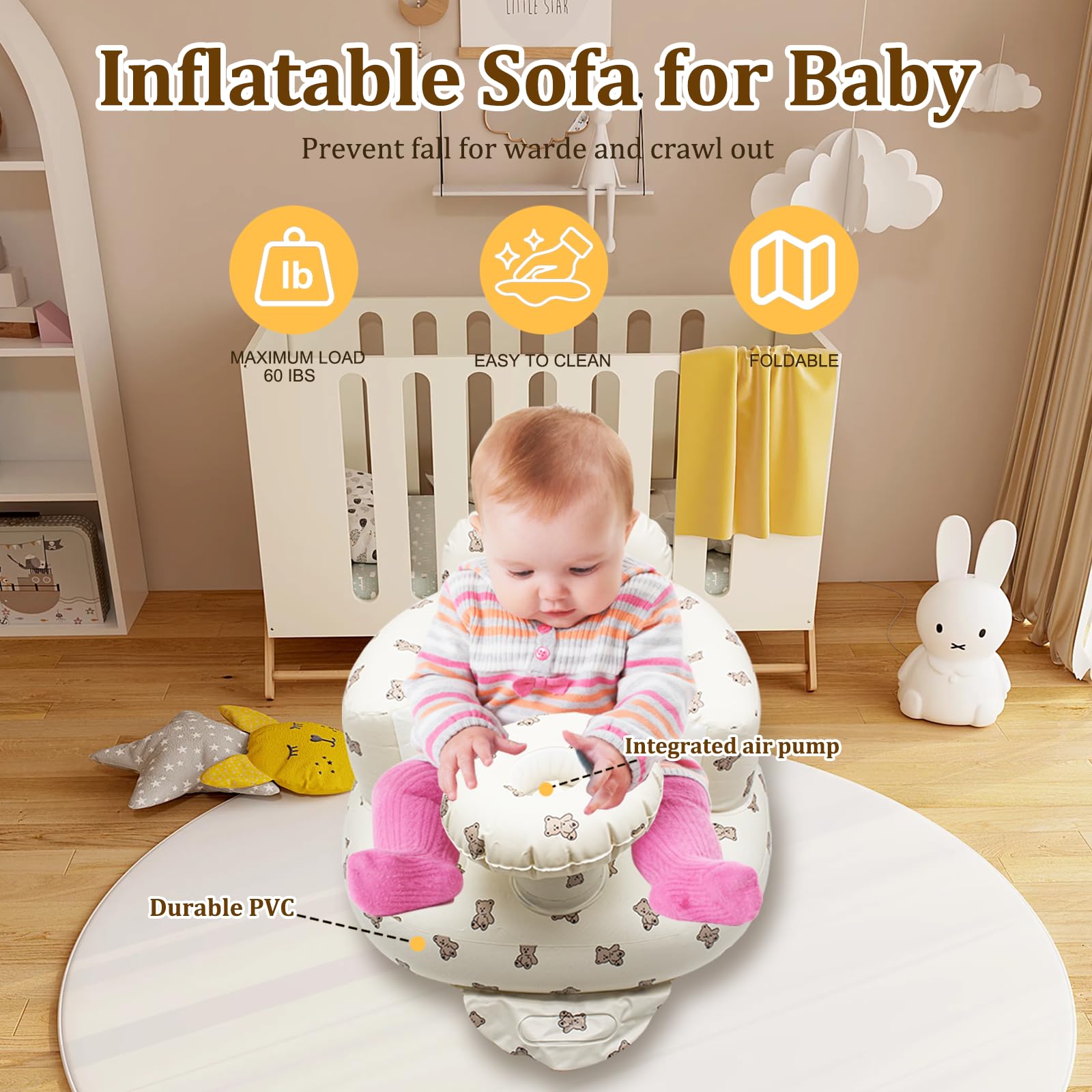 Ryvera Inflatable Baby Chair - Built-in Air Pump, Ideal for 3-36 Months Old, Portable & Comfortable Seating for Home and Travel - Image 4