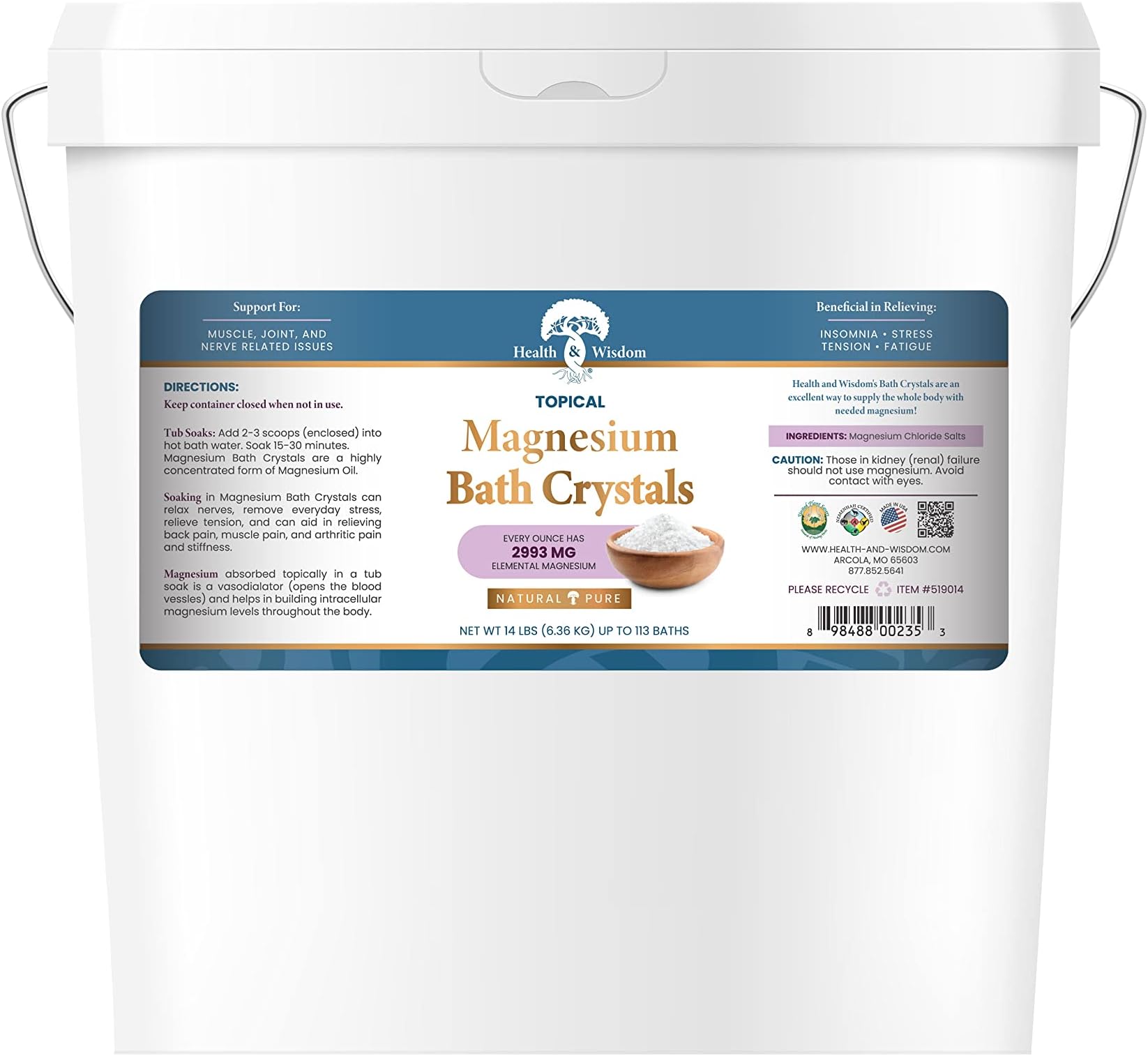 Health and Wisdom Magnesium Bath Salt - Magnesium Chloride Flakes for Bath Soak, 4X Epsom Salt Concentration, Unscented Formula, Dead Sea Sourced, Zero Additives - 224oz