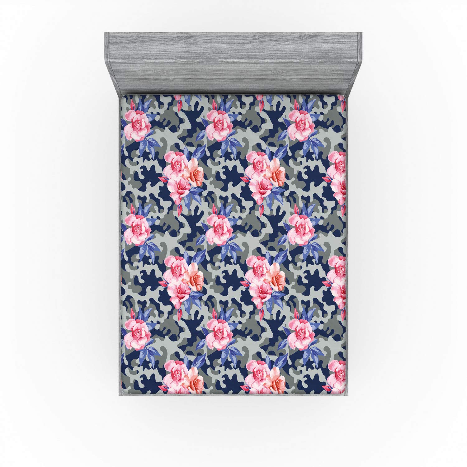 Ambesonne Camo Fitted Sheet, Victorian Theme Pink Retro Design Roses Urban Fashion Nature Feminine, Bed Cover with All-Round Elastic Deep Pocket for Comfort, Full Size, Violet Blue Sage Green