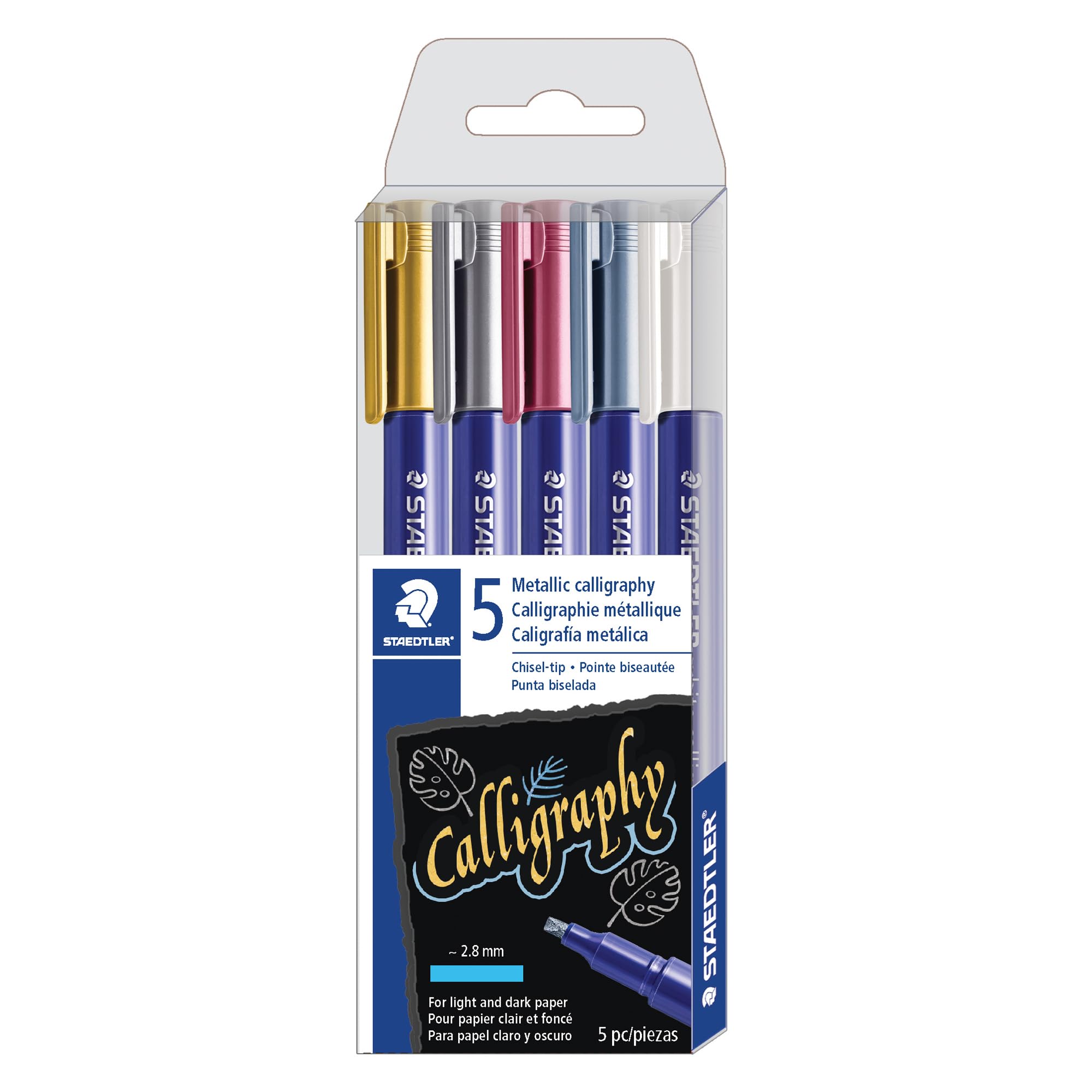 Staedtler metallic calligraphy markers, 5 metallic colours for light and dark paper, 8325 TB5
