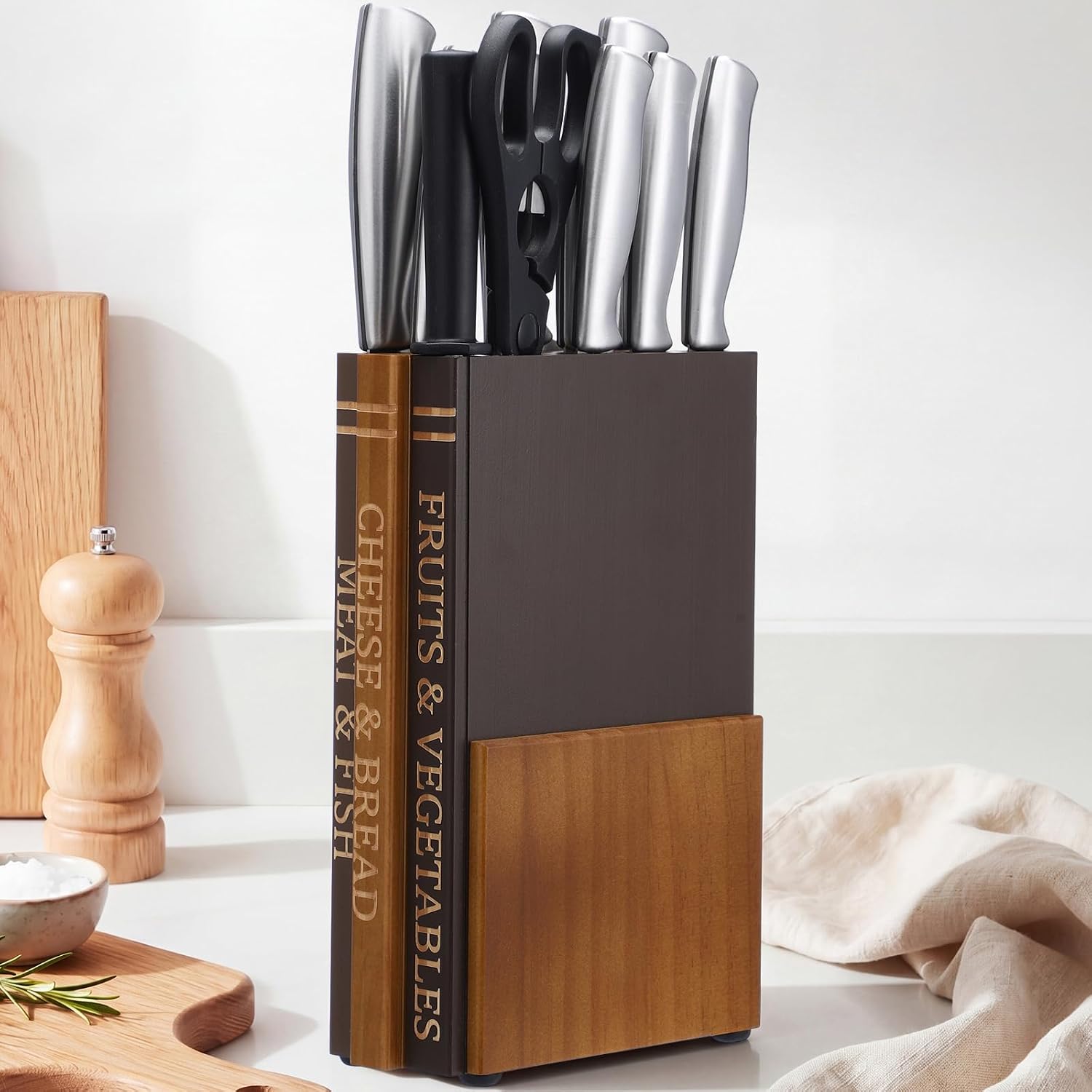 Yalikop Book Knife Block Holder for Kitchen Countertop Wood Knife Block Without Knives 12 Slot Book Cutting Board Accessories Decorative Storage Organizer That Look Like Books Gift(Dark Wood)