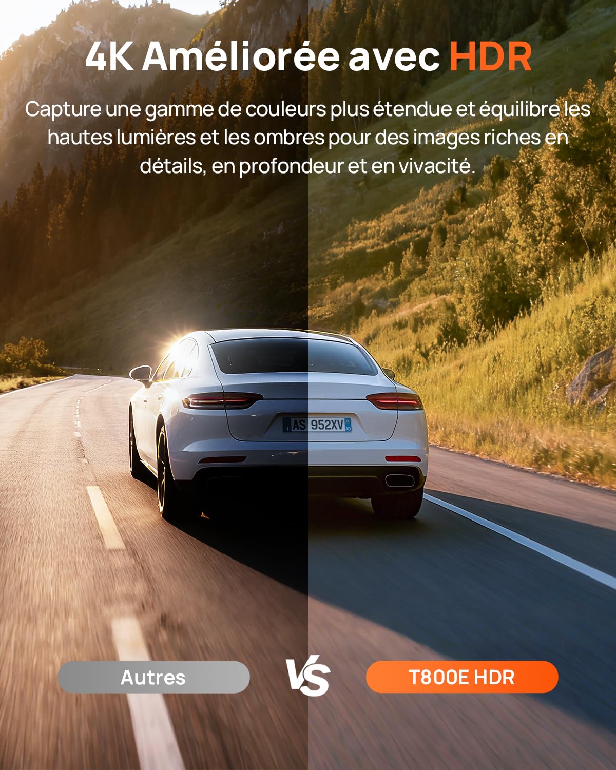 70mai Dashcam Voiture 4K T800E à 3 Canaux, Caméra Triple Avant et Arrière 4K+1080P+1080P avec HDR, Vision Nocturne IR, Mode Parking, F1.55, GPS, Supercondensateur, Contrôle Vocal, Carte MicroSD 64 Go