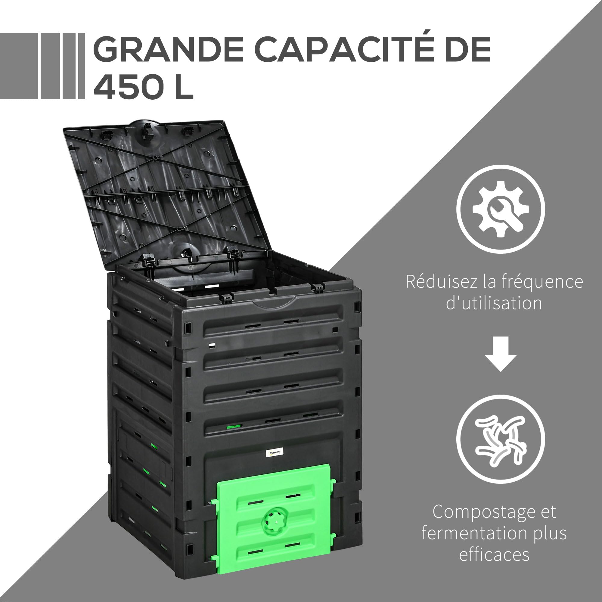Outsunny Composteur de Jardin 450 L, bac composteur pour Jardin en polypropylène, 80 aérations et 2 Portes coulissantes, léger et Robuste, Noir