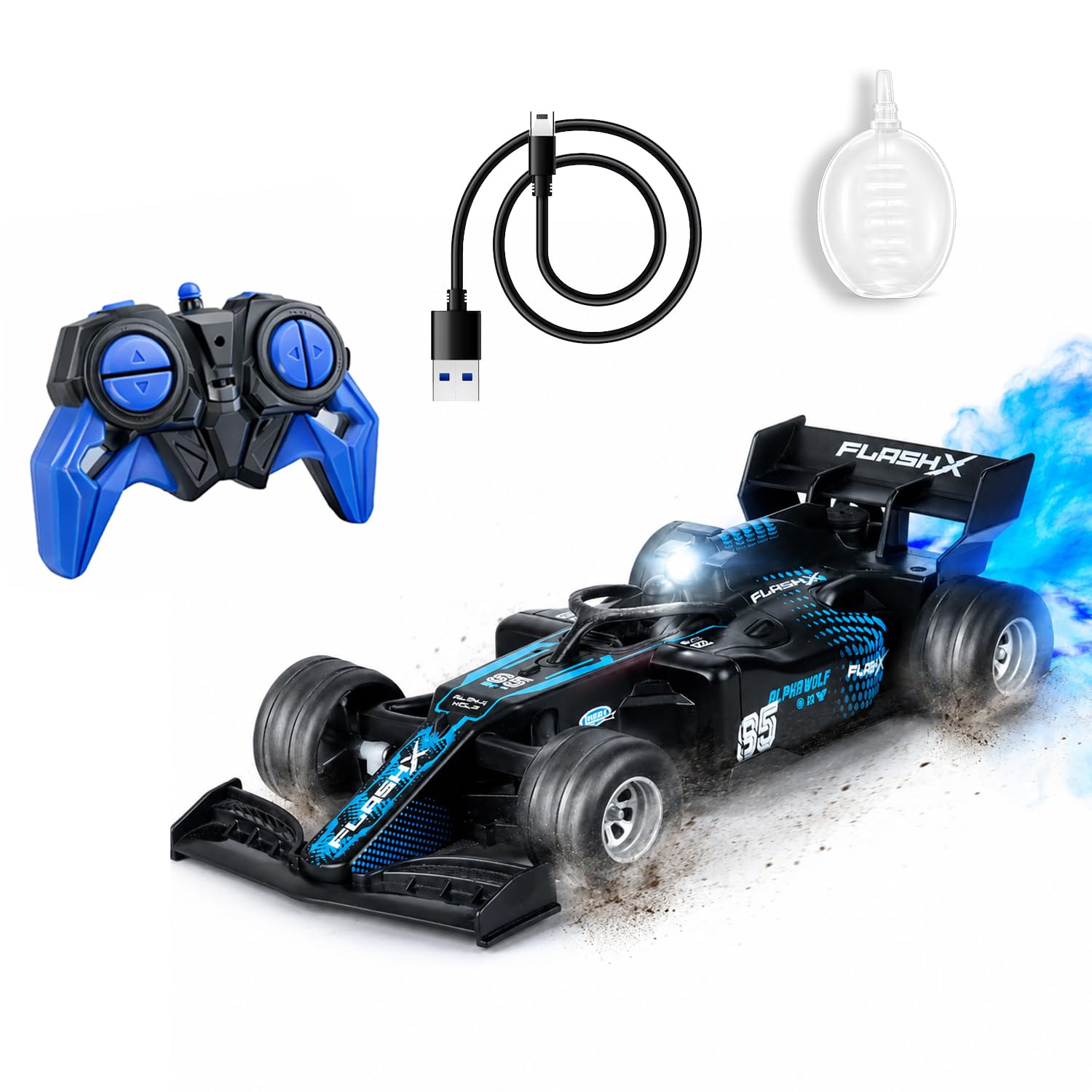amazon brand - jam & honey formula f1 rc racing car for kids | 2.4ghz remote (100+ ft range) | mist smoke effect | led lights | usb type-c rechargeable | multi-direction control | black|4+ years