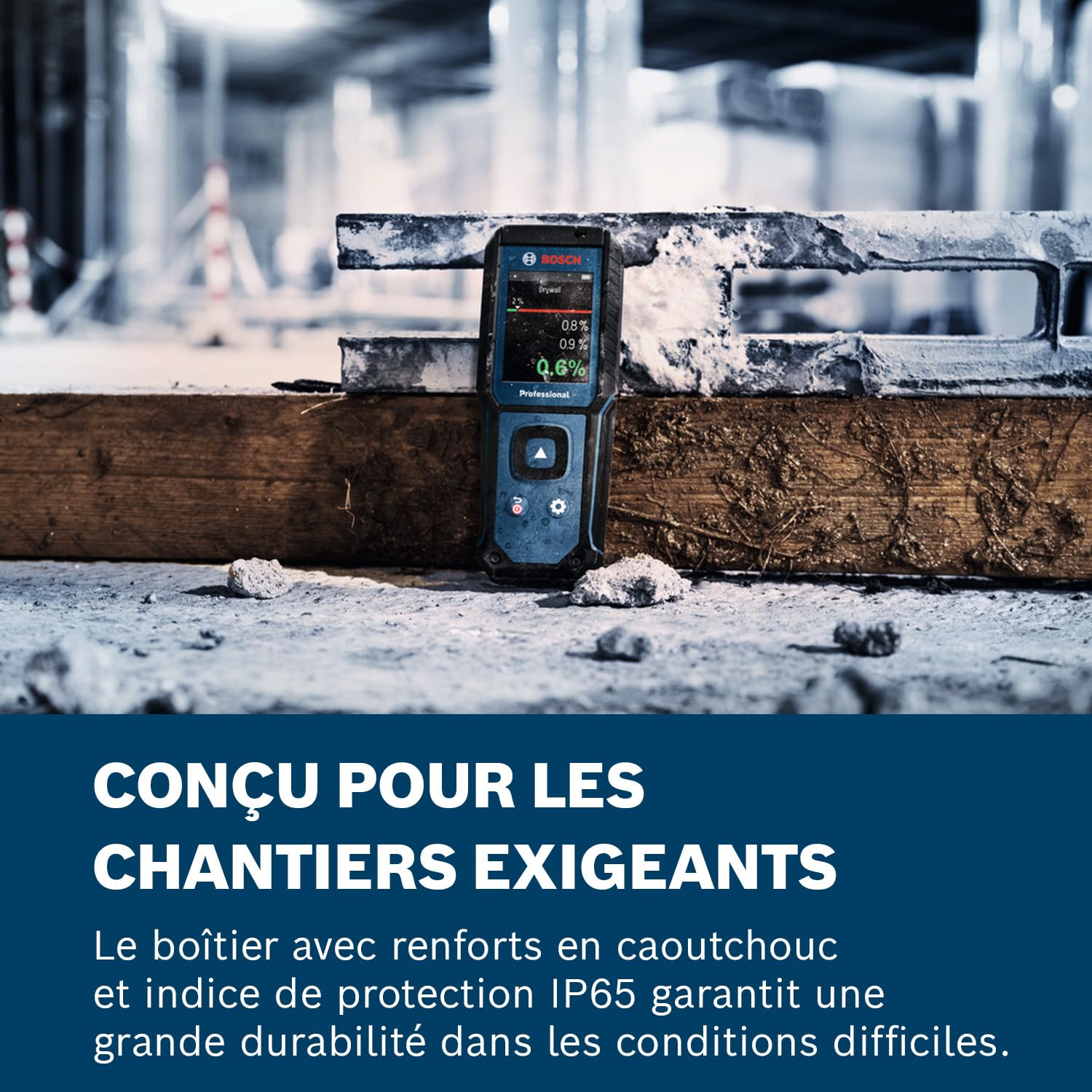 Humidimètre GMM 1-15 Bosch Professional à broches (non invasif, mesure 37 essences de bois et 10 matériaux de construction, indice de protection IP65, 2 piles AA, housse)