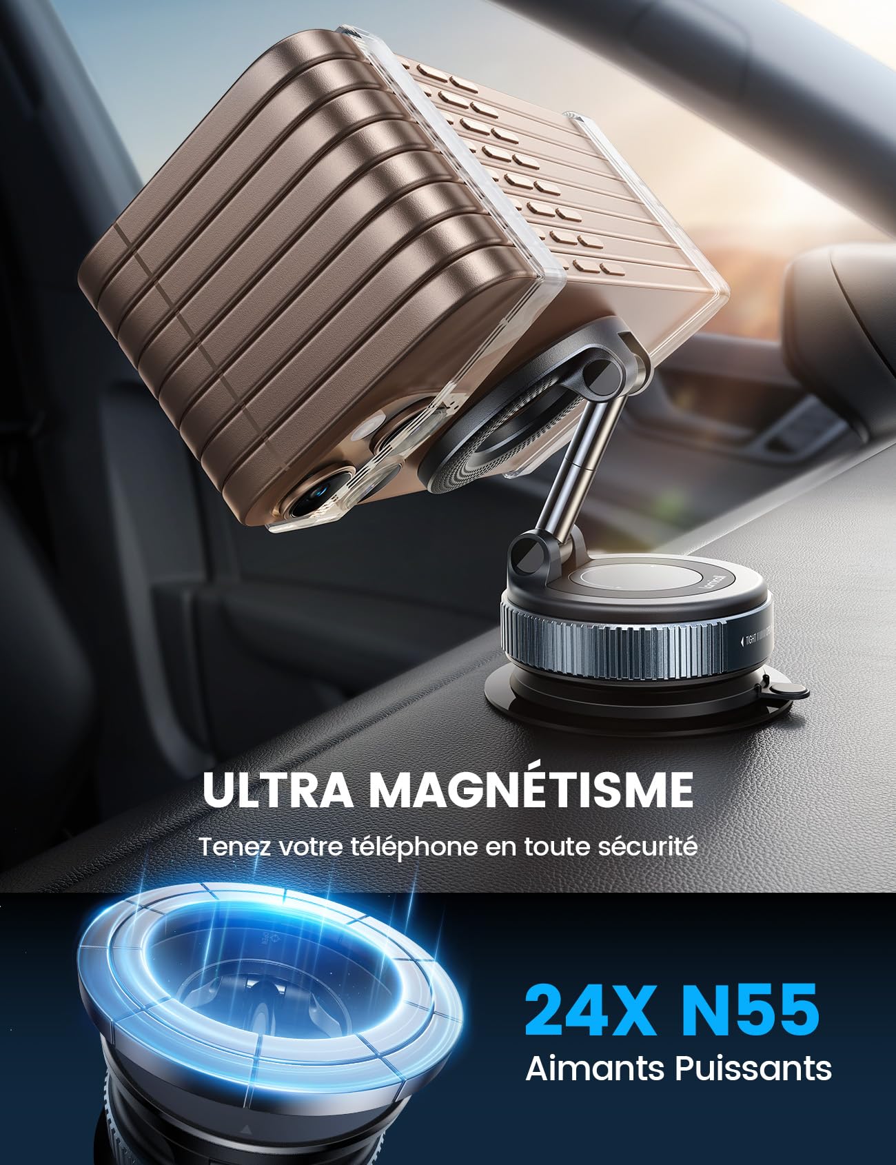 Lamicall Support Telephone Voiture pour MagSafe - [Ventouse à Vide & 24X N55] 360° Rotation, Porte Voiture pour Tableau de Bord/Pare-Brise, Support Magnétique pour iPhone 17 16 15, Autres Smartphones
