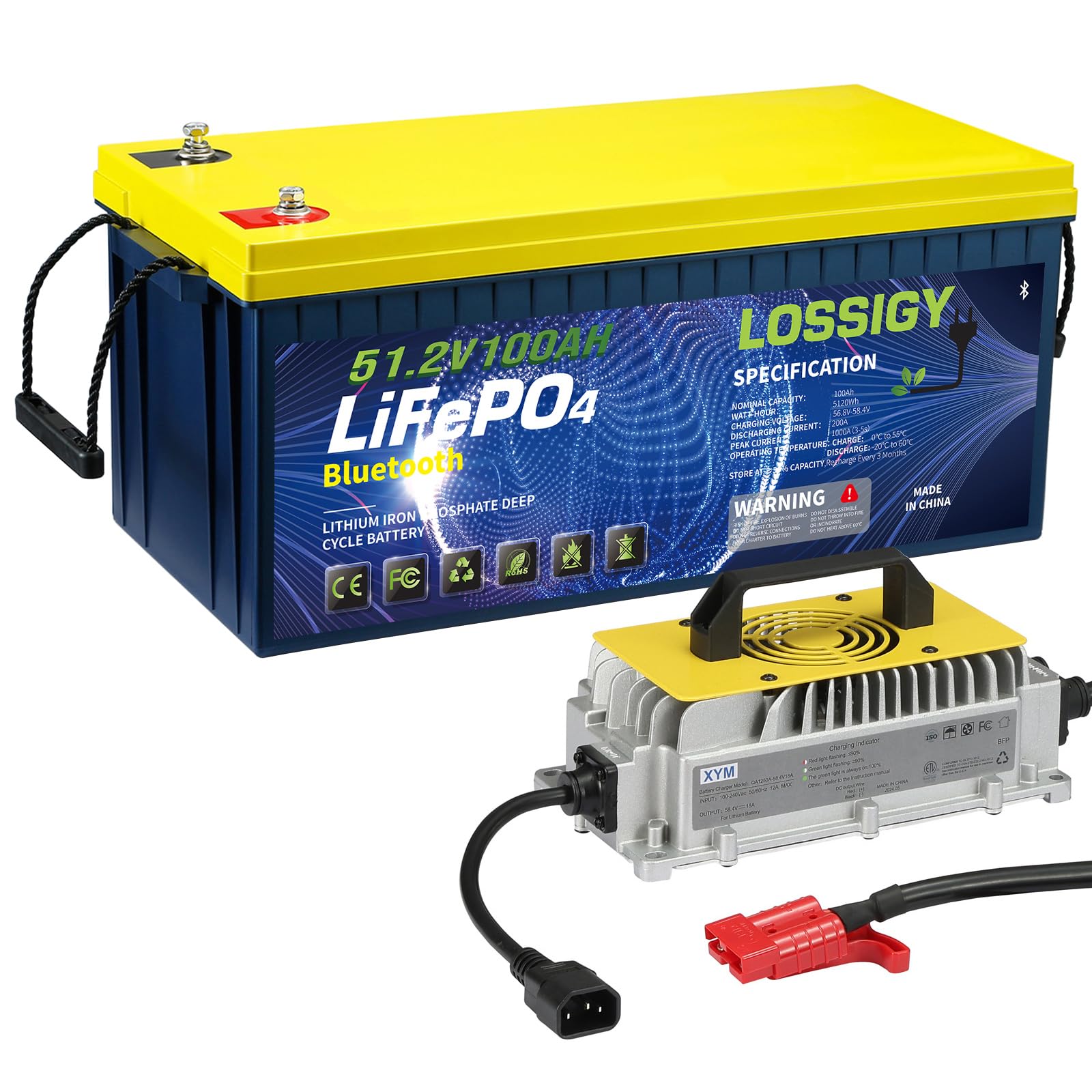 LOSSIGY 48V 100AH Golf Cart LiFePO4 Battery with 48 Volt 18A Lithium Charger, Prefect for RV Solar System, Built in 200A Bluetooth BMS, Peak Current 1000A(3-5s), 10 Yrs Lifespan