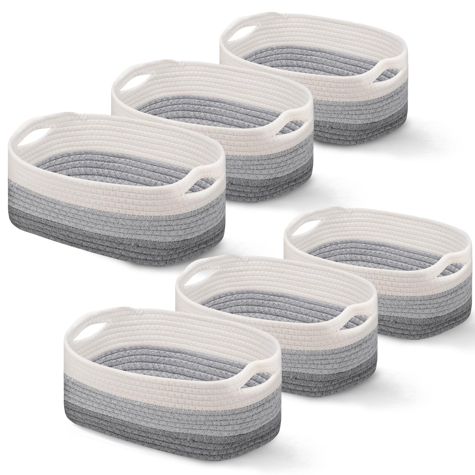 6 pcs cotton rope woven basket for storage, baskets for organizing storage baskets rope basket with handles for cloth, blanket, toys, living room bathroom laundry, 12'' x 8'' x 6'' (gray)