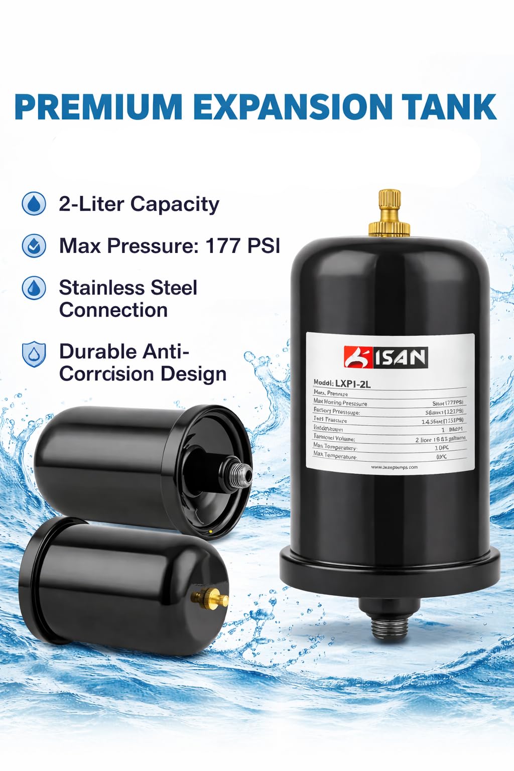 KISAN 2 Litters Water Pressure Tank (0.53 Gallon) Pressure Tank for Water Pressure Pump | 8 Bar Max Pressure | Carbon Steel | 1/2 inch Connection | 5 Bar | 73 PSI 2
