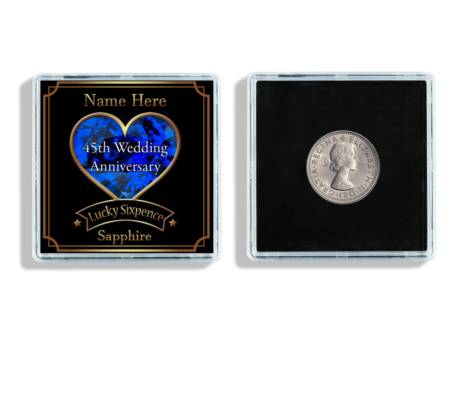 Personalised 45th Sapphire Wedding Anniversary Lucky Sixpence Keepsake In Display Case Ideal Anniversary Gift W72