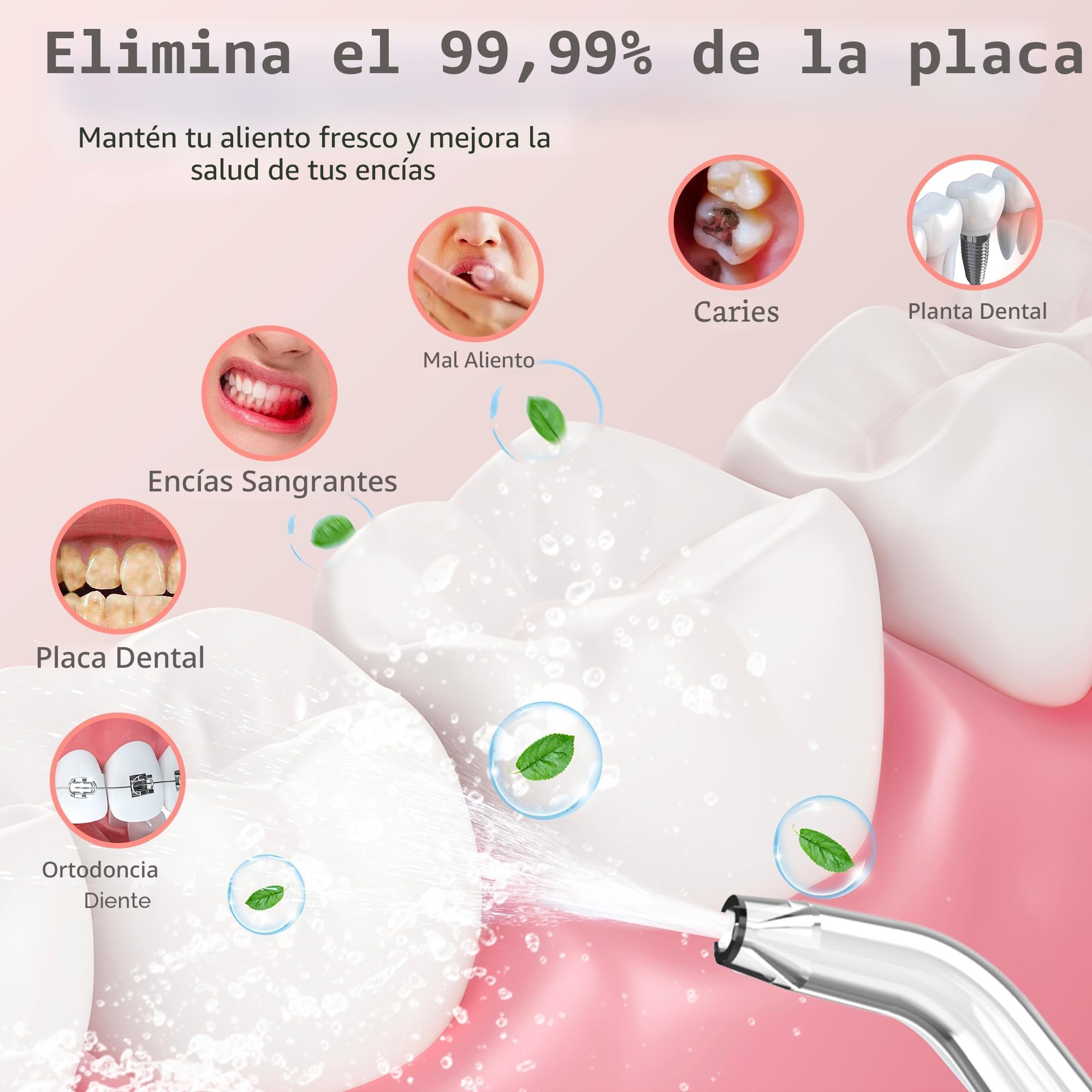 BarberBoss Irrigador Dental, hilo dental eléctrico, 5 niveles presión, 340 ml resistente agua IPX8, irrigador bucal portátil para el cuidado las encías, QR-7103 (Rosa Pastel)
