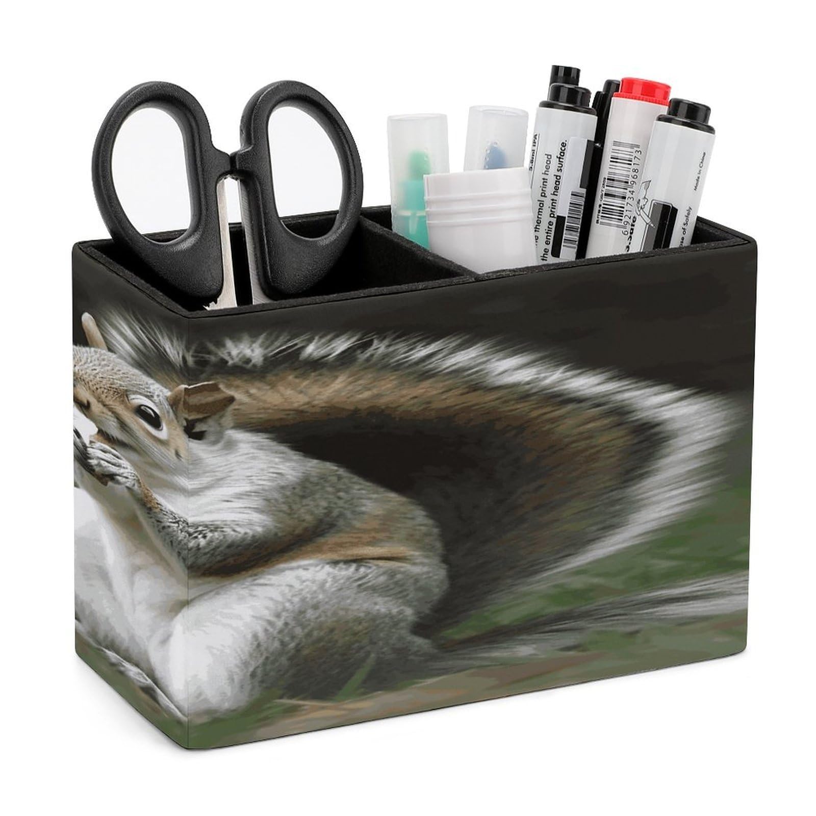 LDGSUPH Squirrel Leather Pen Holder for Desk Organizer Caddy Large Pencil Cup Multi-function Pencil Holder Makeup Brush Holders Pen Organizer for Home Office Storage Box