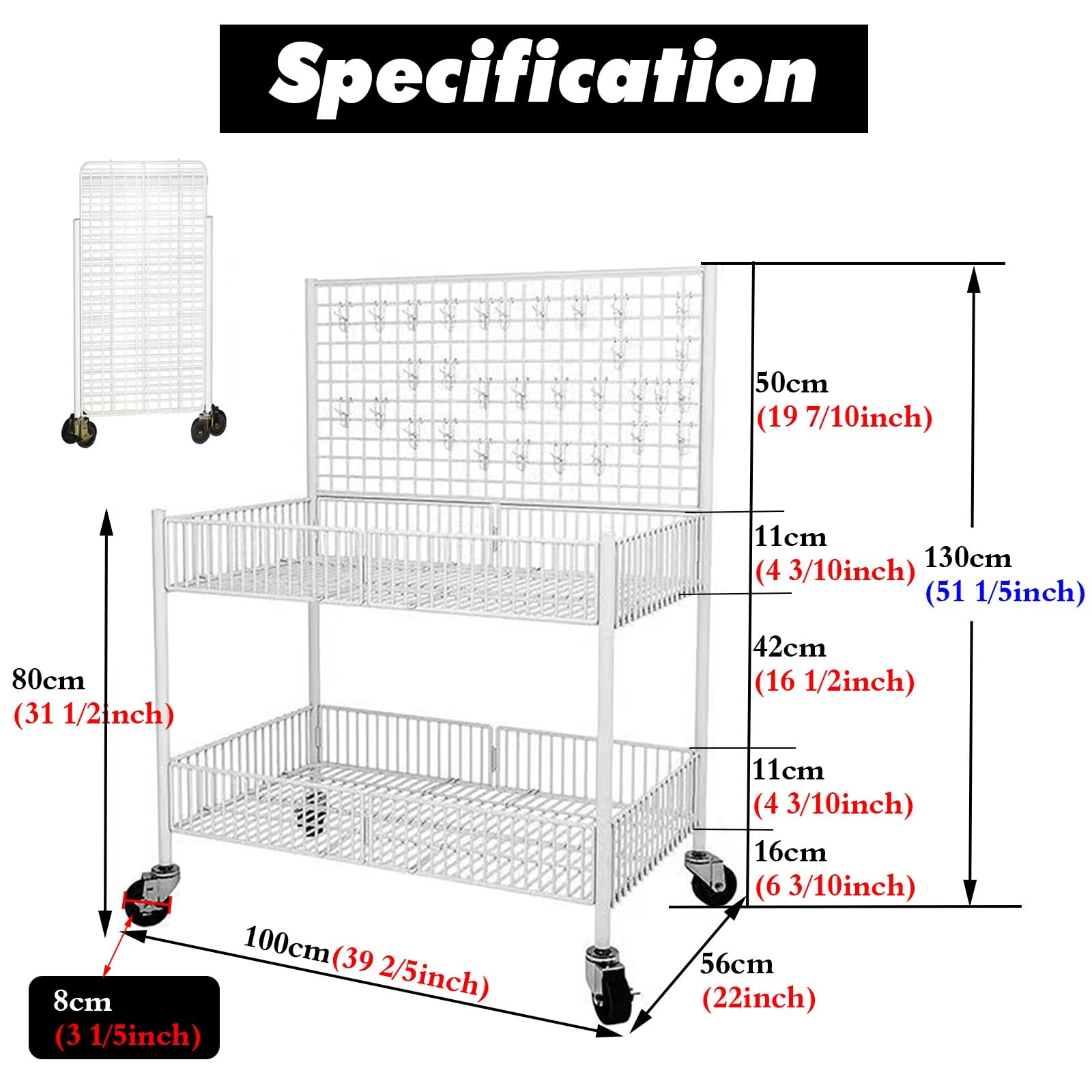 Espositore in filo metallico con 4 ruote e 10 Hoo, carrello versatile per fiere, mercatini delle pulci, eventi, bianco (100 cm)