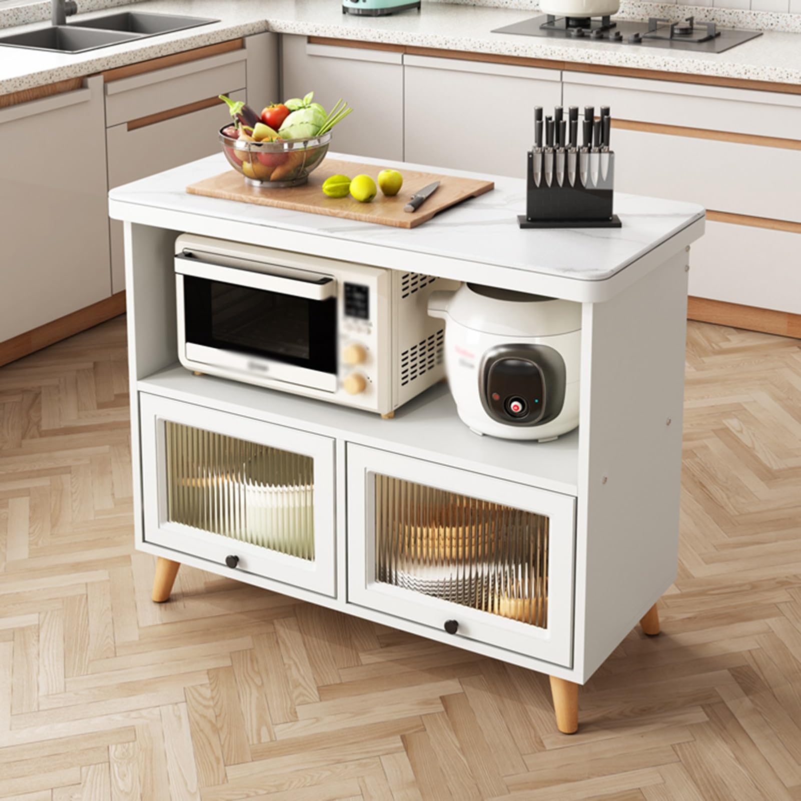 Buffet Rangement Cuisine 2 Niveaux - Support Machine à Café, Micro-ondes, Avec Tiroir - Modèle Mobile Ou Fixe - 6