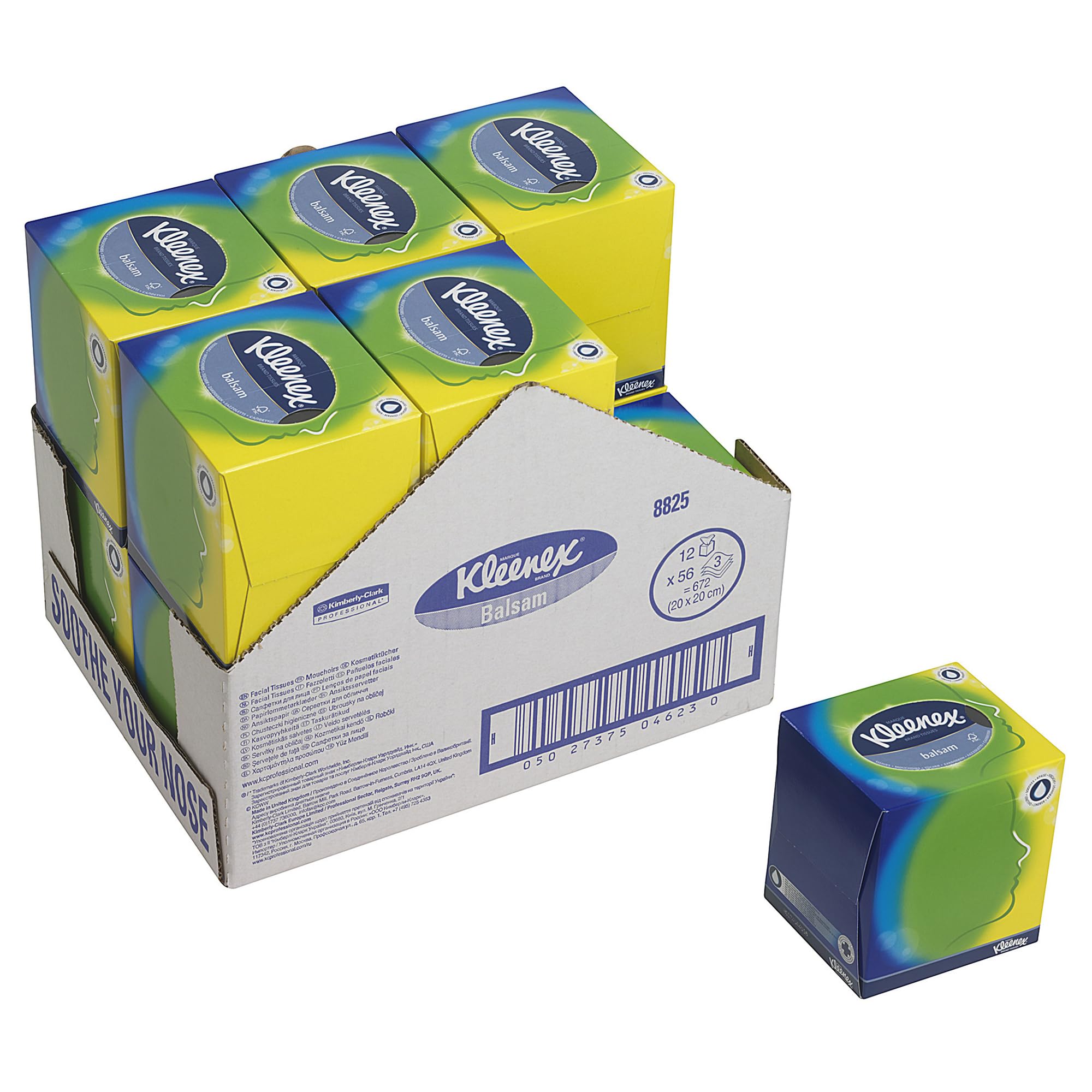 Kleenex Caja de Pañuelos en Cubo 8825, 3 Capas, Con Bálsamo Protector, 12 Cajas x 56 Hojas (672 total)