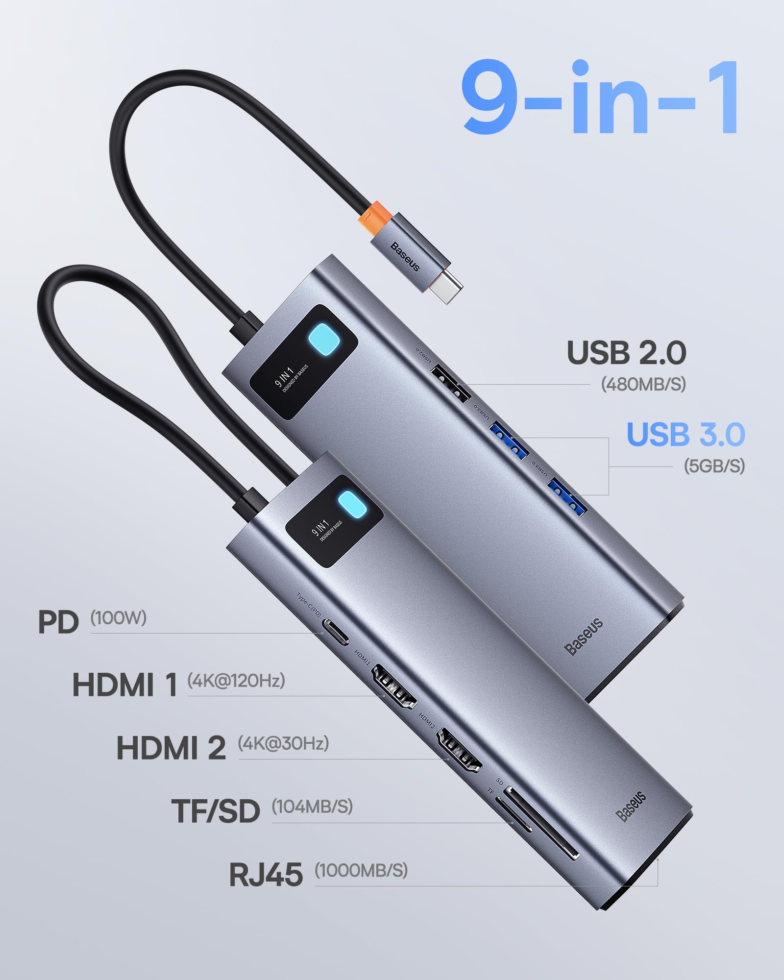 Baseus 9 in 1 Docking Station USB C 4K@120Hz, 2 HDMI dual monitore USB C Hub, 1000Mbp Ethernet, 100W PD,TF/SD Kartenleser, USB 3.0, Multiport Adapter für MacBook/Dell/HP/Surface/Lenovo & Mehr PC