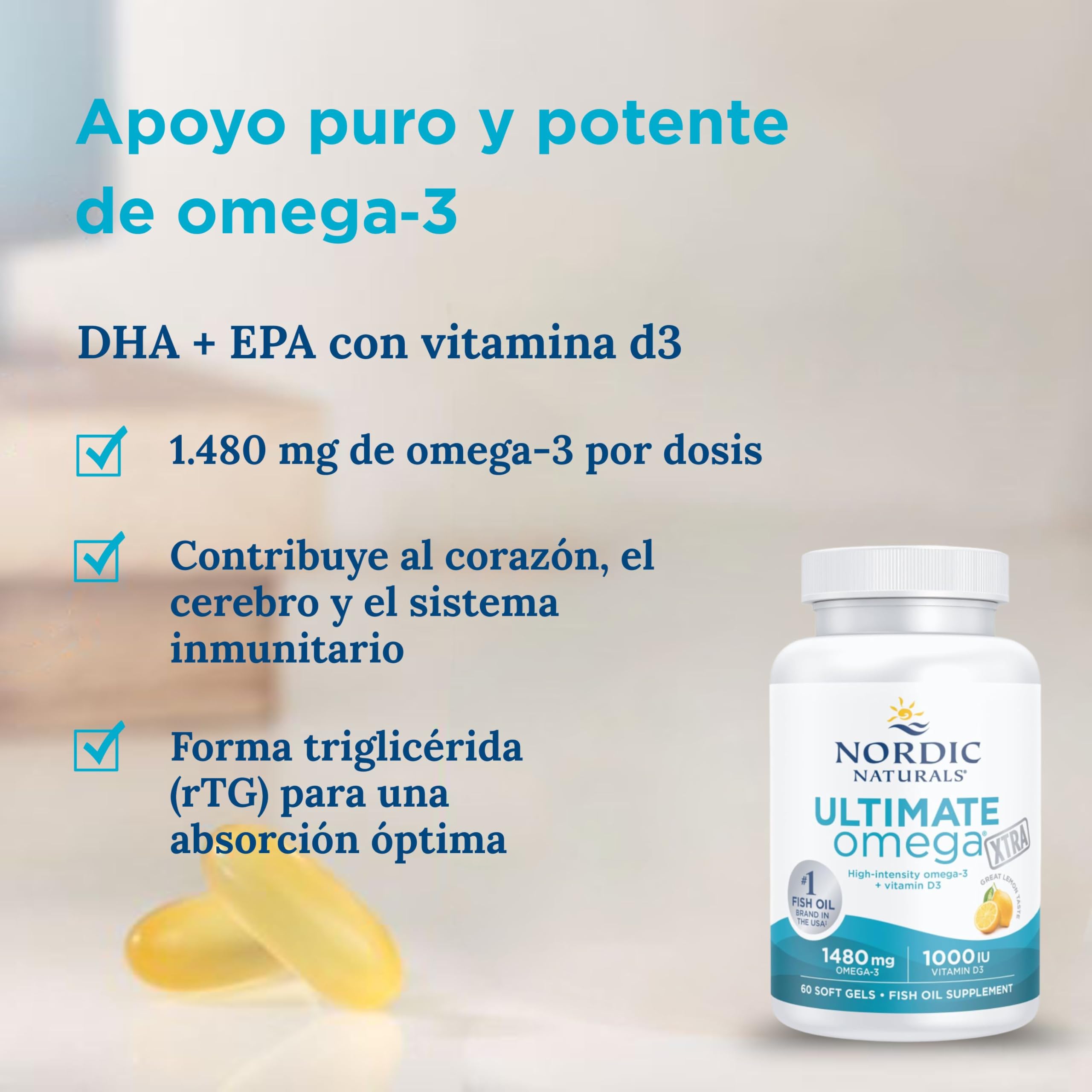 Nordic Naturals Ultimate Omega Xtra, 1480 mg, cápsulas de aceite de pescado omega-3 de alta concentración con EPA, DHA y vitamina D3, dosis alta, sabor limón, 60 cápsulas blandas, sin soja, sin gluten