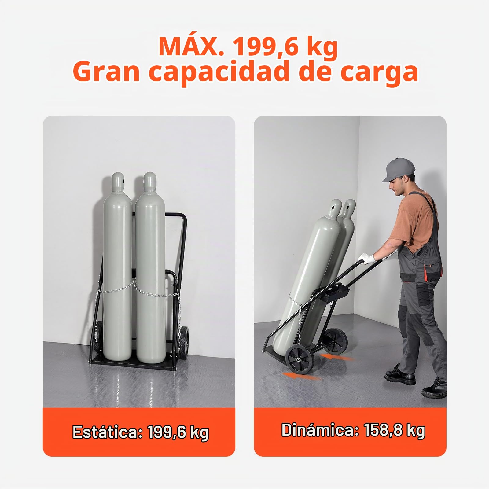VEVOR Carro para Dos Cilindros de Soldadura, Carro para Tanque de Oxígeno y Acetileno, Ruedas Sólidas de 254 mm y Cadenas de Seguridad para Almacenamiento de Tanques, 500 x 720 x 1120 mm, Negro