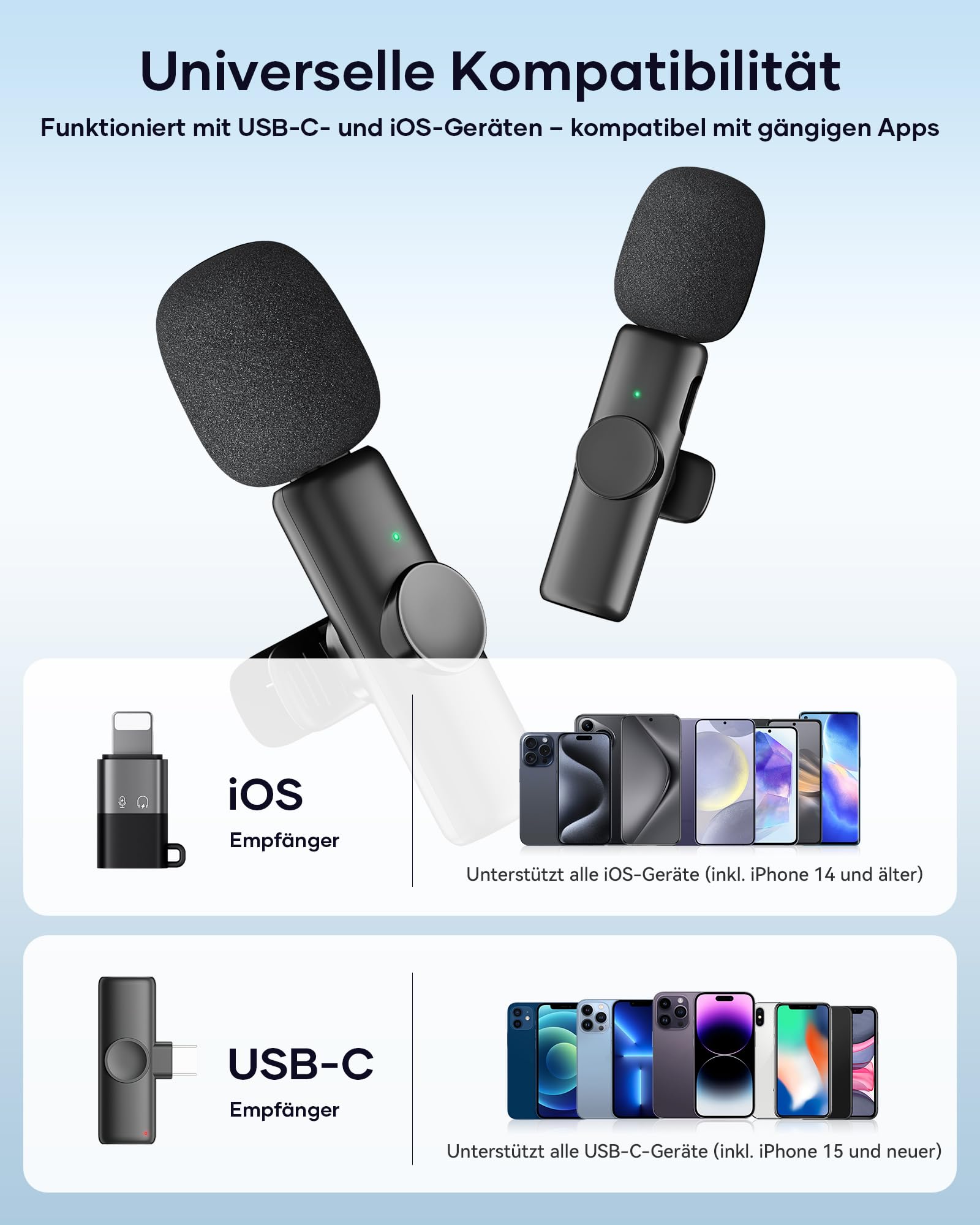 CZOCPOS Kabelloses Lavalier Mikrofon 2er Set, Mini Mikrofon für iPhone, iPad & Android Handy, Mikrofon Handy mit Geräuschunterdrückung, Plug & Play, ideal für Video, Podcast, YouTube, TikTok,Schwarz