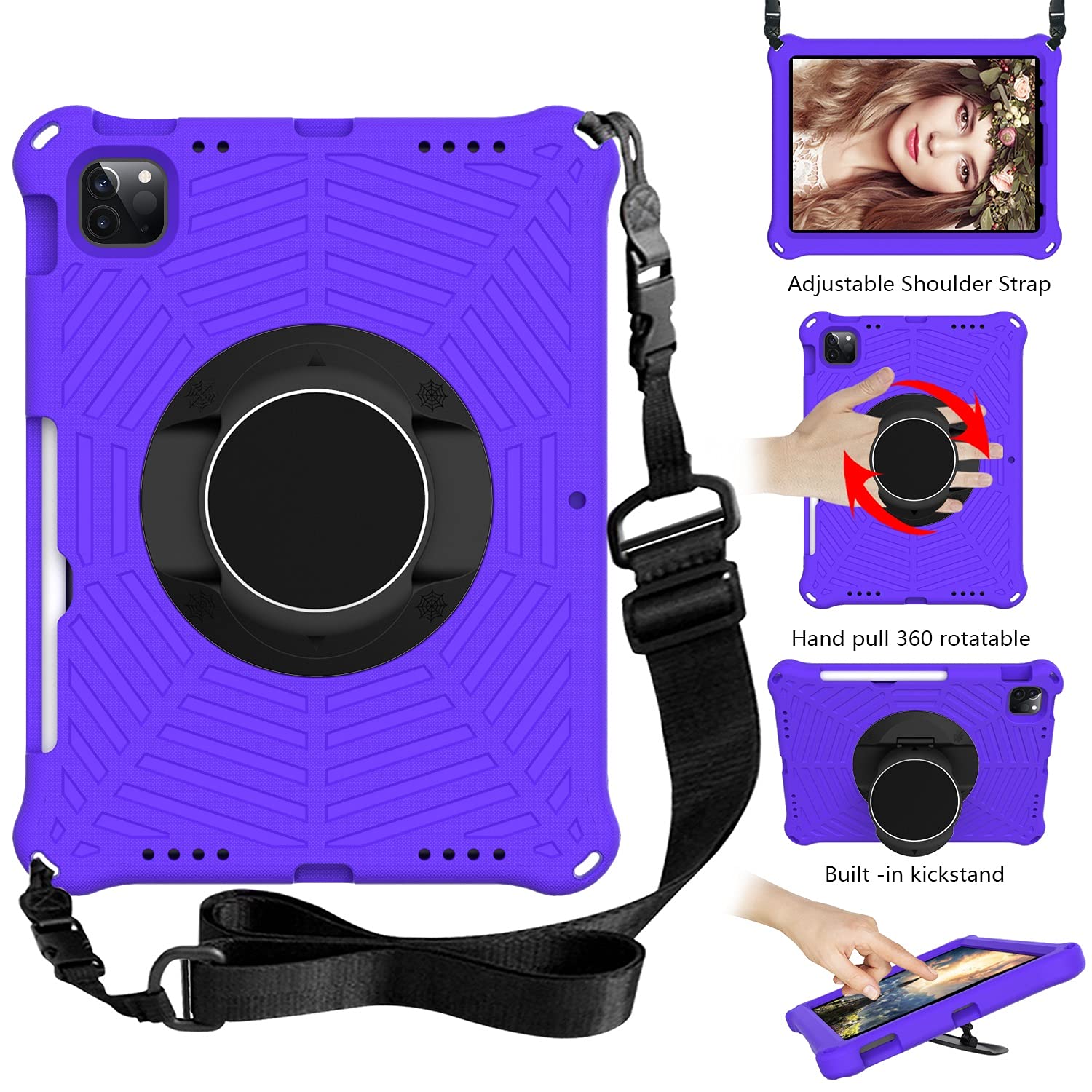 ZENGMING Tablet PC Case Cover for iPad Pro 11(2021、2020、2018)/iPad Air 4 10.9 Tablet Case Kids Shock Proof Protective Cover with Rotating Lightweight and Durable Stand,Shoulder Strap (Color : Purper)
