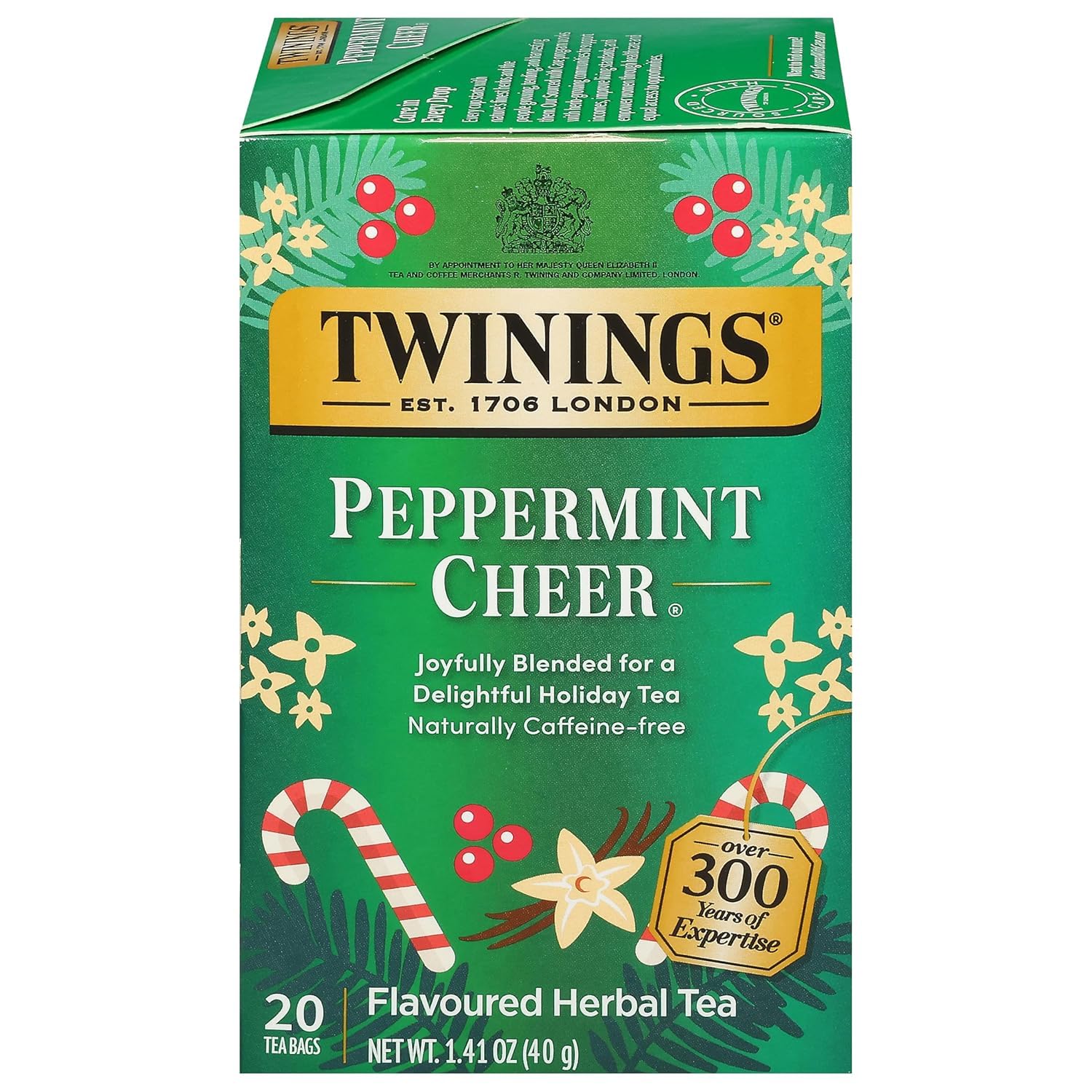 Tea - Peppermint Cheer, Special Edition Peppermint Tea Flavoured with Vanilla, Naturally Caffeine-Free Herbal Tea Bags Individually Wrapped, Holiday Tea Gifts, 20 Count