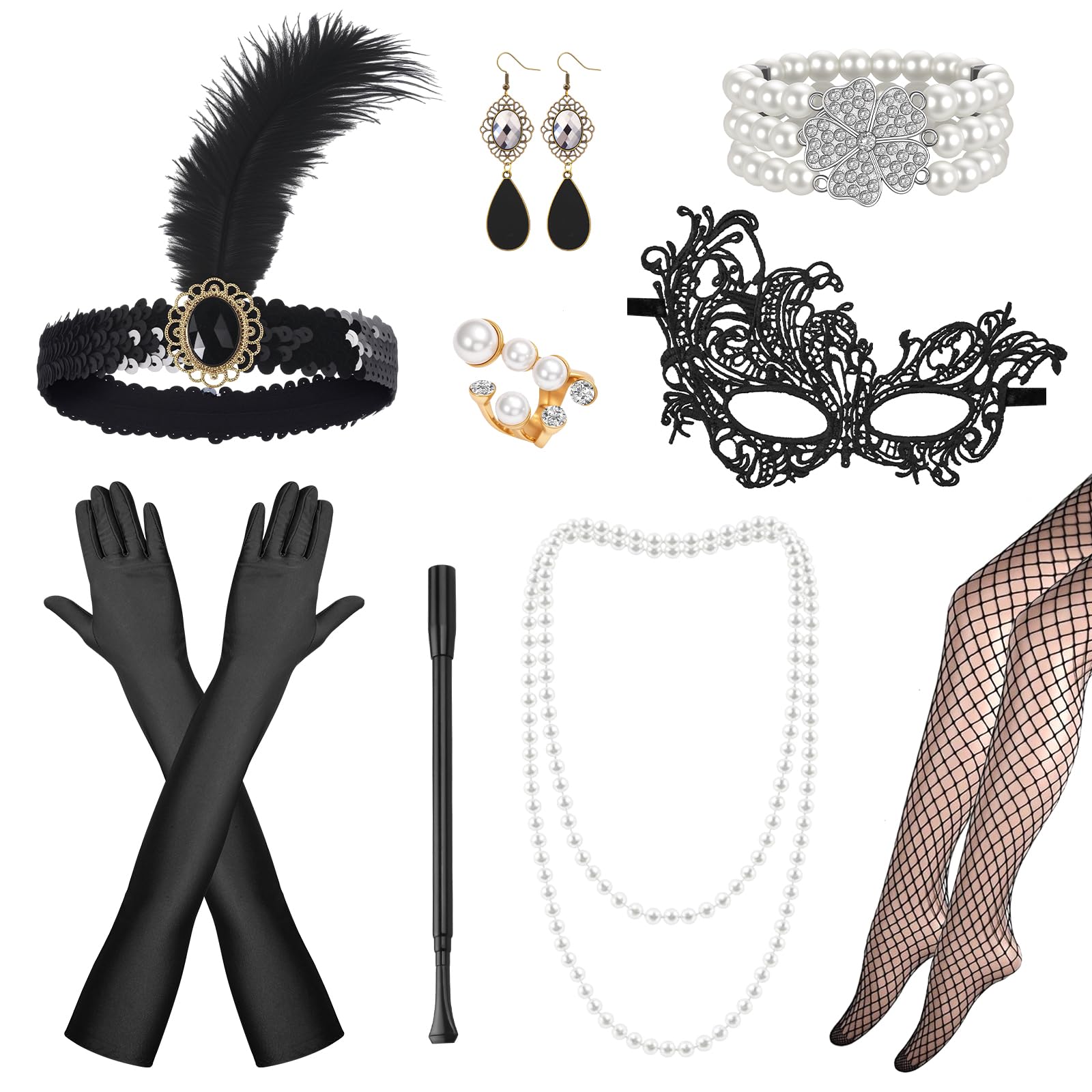Jokureao 1920s Flapper Accessories Set for Women Roaring 20s Accessories with Headband, Pearl Necklace, Earrings, Gloves