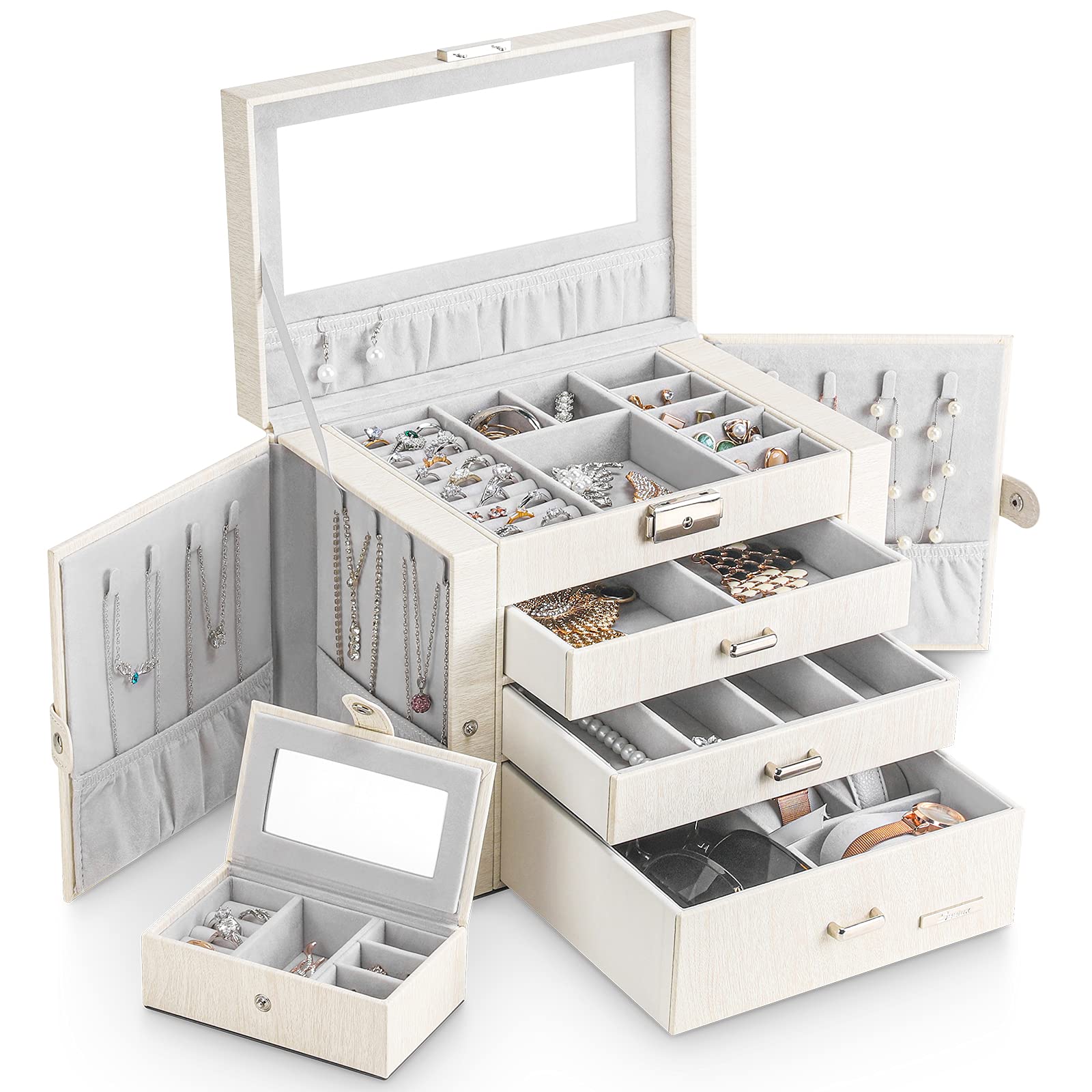 Yorbay Caja de joyas grande con espejo para mujer: 6 niveles y 5 cajones | Organiza Collares Anillos Relojes y Pendientes-Tocador y Viajes-Minijoyero Extraíble y 2 Compartimentos Laterales