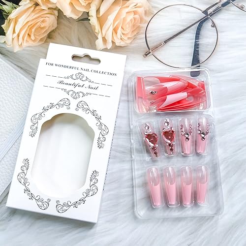 Miniatura 6 de 24 uñas postizas de color rosa francés uñas largas a presión uñas postizas de ataúd brillantes con diseño de diamantes de imitación de corazón 3D