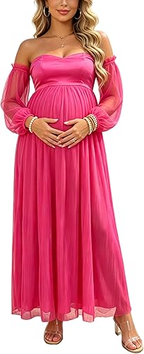 Maternity Off-Shoulder Mesh Tulle Maxi Dress Elegant Patchwork Babydoll Gown for Baby Shower Photoshoot