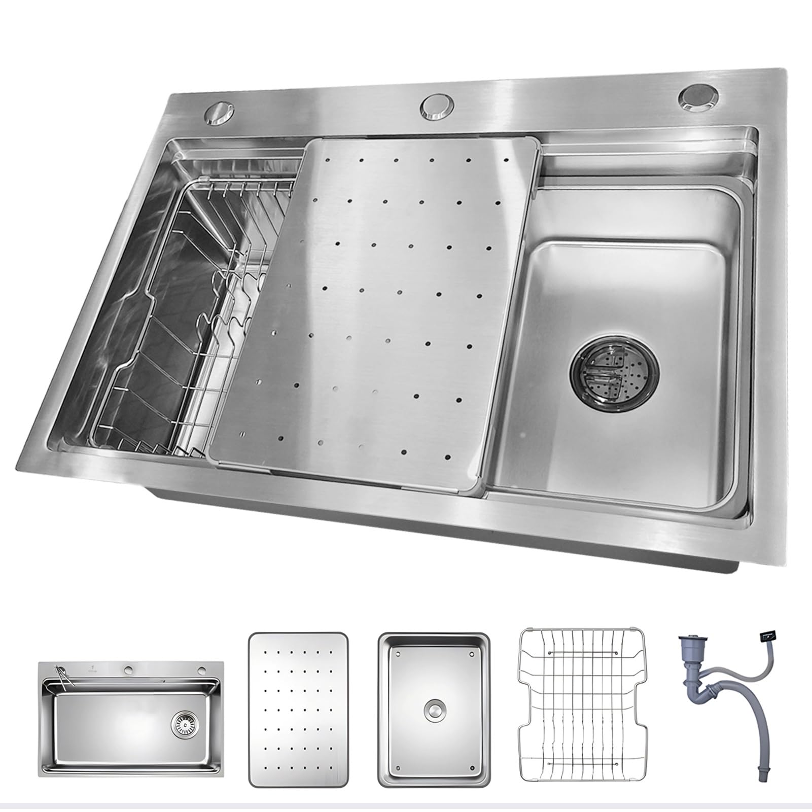 Évier de cuisine cuve unique acier inoxydable montage en surface argent 80 cm