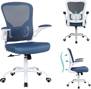 Flysky Ergonomic Office Chair, Mesh Home Office Desk Chair with Flip-up Arms and Lumbar Support, Height Adjustable, Swivel, White & Blue