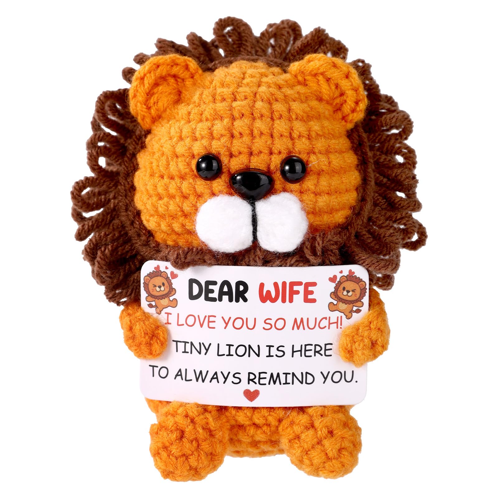 Positive Lion, Adorable Handmade Crochet Emotional Inspirational Animals with Encouragement Card Positive Support Knitted Stuffed Plush Toy Gifts for Bedroom Office Desktop Decoration(for Wife)