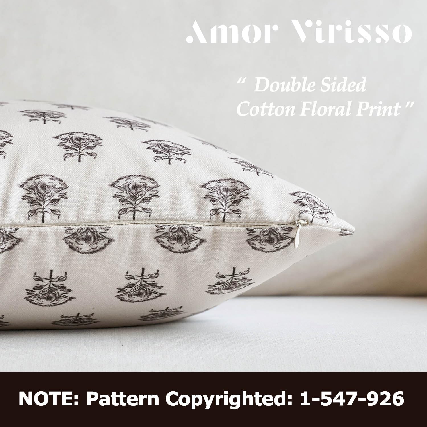 Amor Virisso Set of 2 Floral Throw Pillow Covers 18x18 Inch, Vintage Decorative Block Print Pillow Covers Neutral Accent Farmhouse Pillows Home Decor for Sofa Couch Bed, Black - Image 2