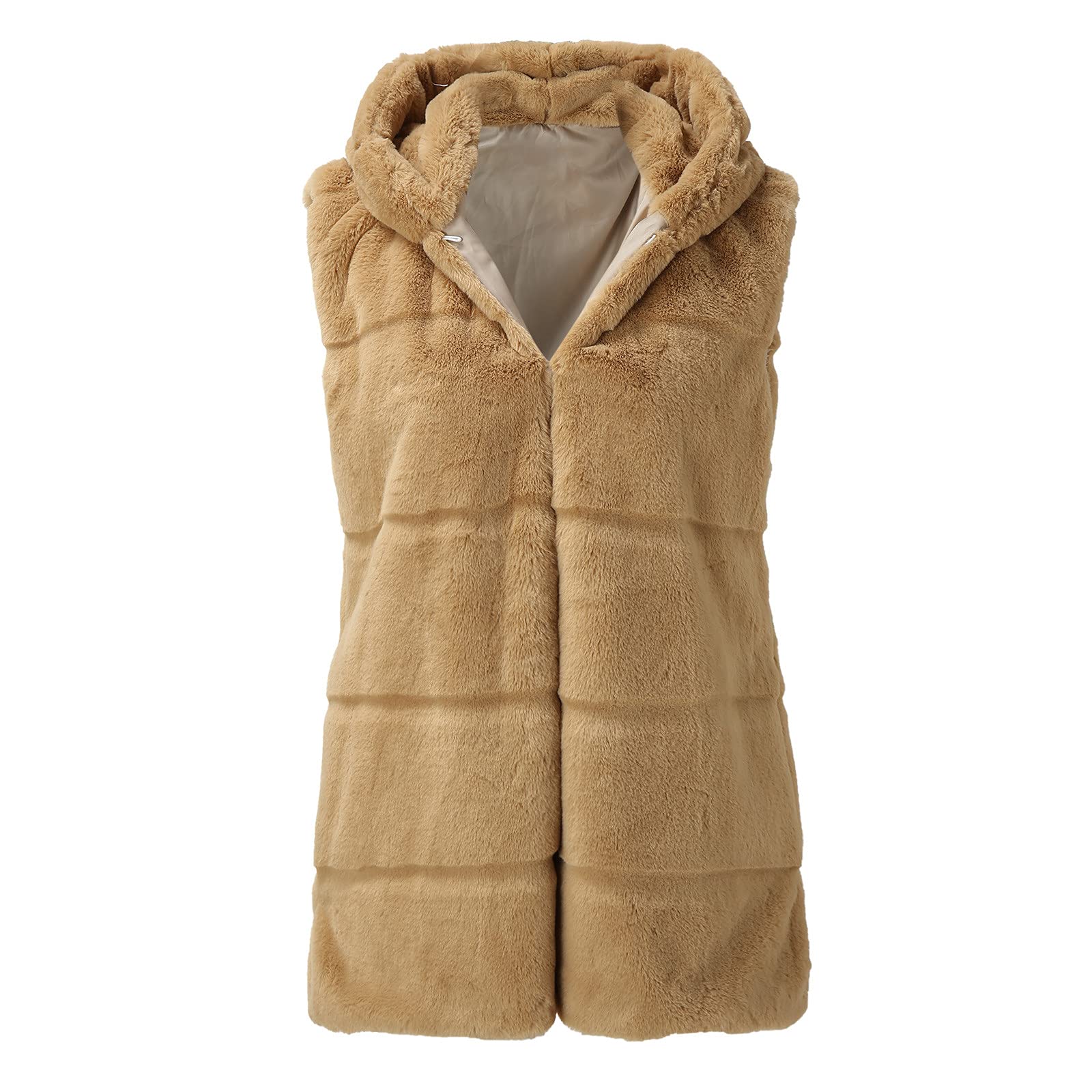Gilet in pelliccia da donna, da donna, in pelliccia sintetica, elegante, con cappuccio, cachi, L