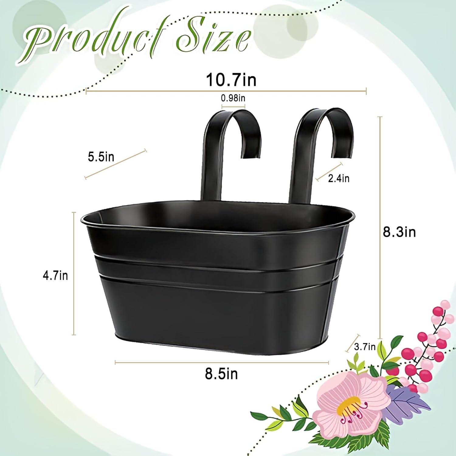 10.6 Inch 5 Pack Long Slot Wrought Iron Hanging Flower Pots Small Metal Hanging Flower Basket with Removable Hooks and Drainage Holes Suitable for Porch Railing Balcony Fence Garden (HS)