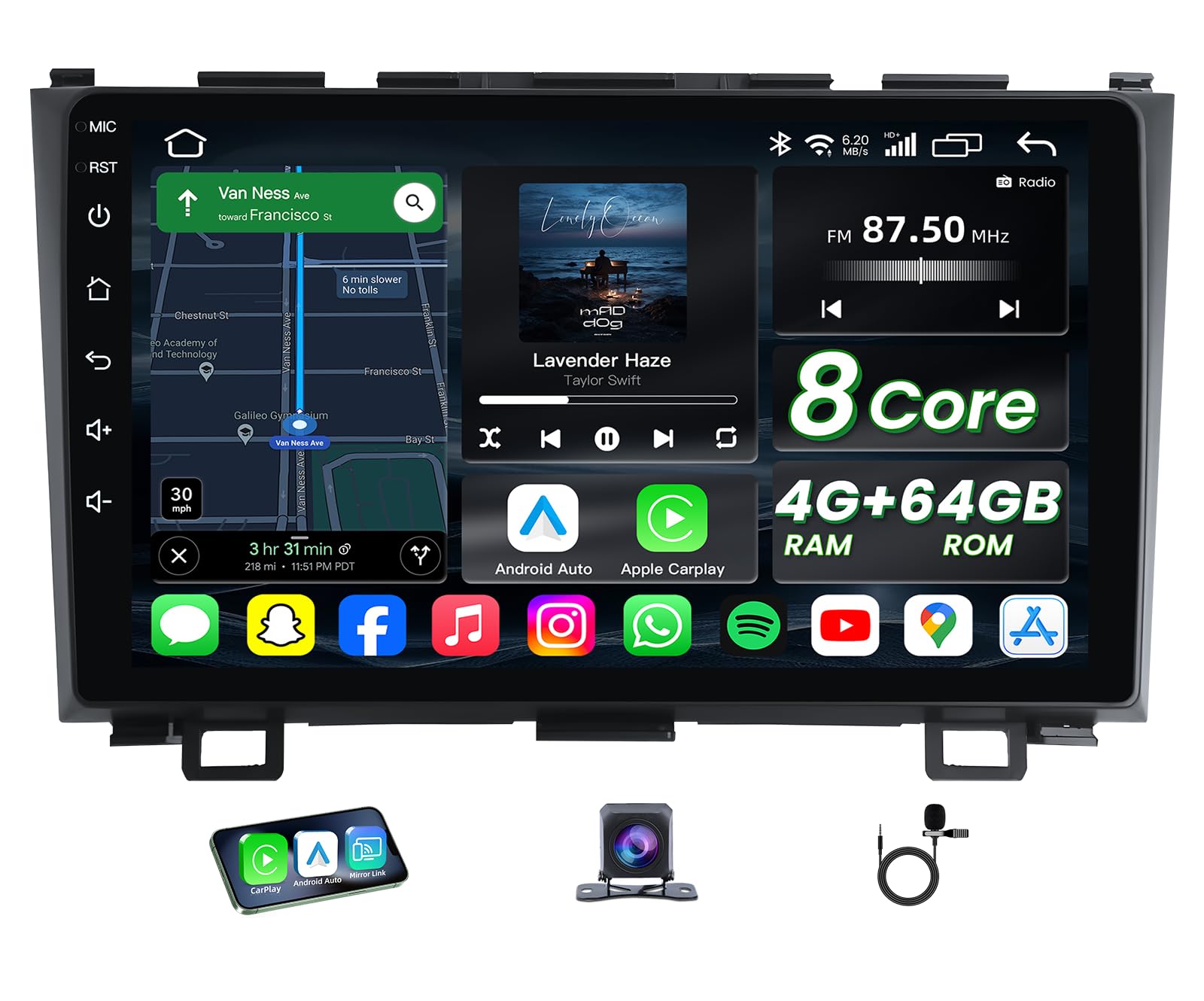 Upgrade 8 Core 4G+64G Car Radio Stereo for Honda CRV 2007-2011: Android 13 9" 1280 * 800 HD Touch Screen Head Unit, Wireless Carplay Android Auto 5G