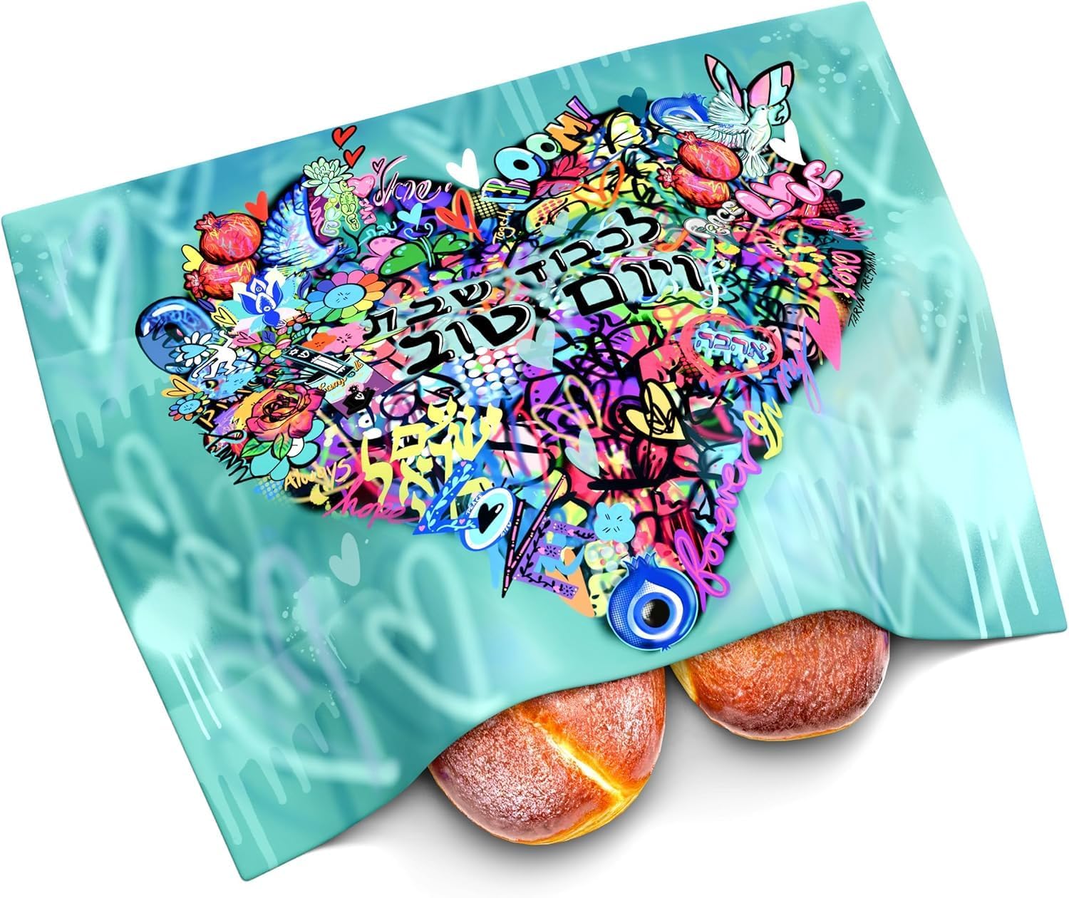 CustomPopArt Challah Cover by Taryn Treisman - Satin Silk Modern Shabbat Table Decoration, Pop-Art Design, Holiday Essential, Luxurious Material, Multicolor Hearts Pattern
