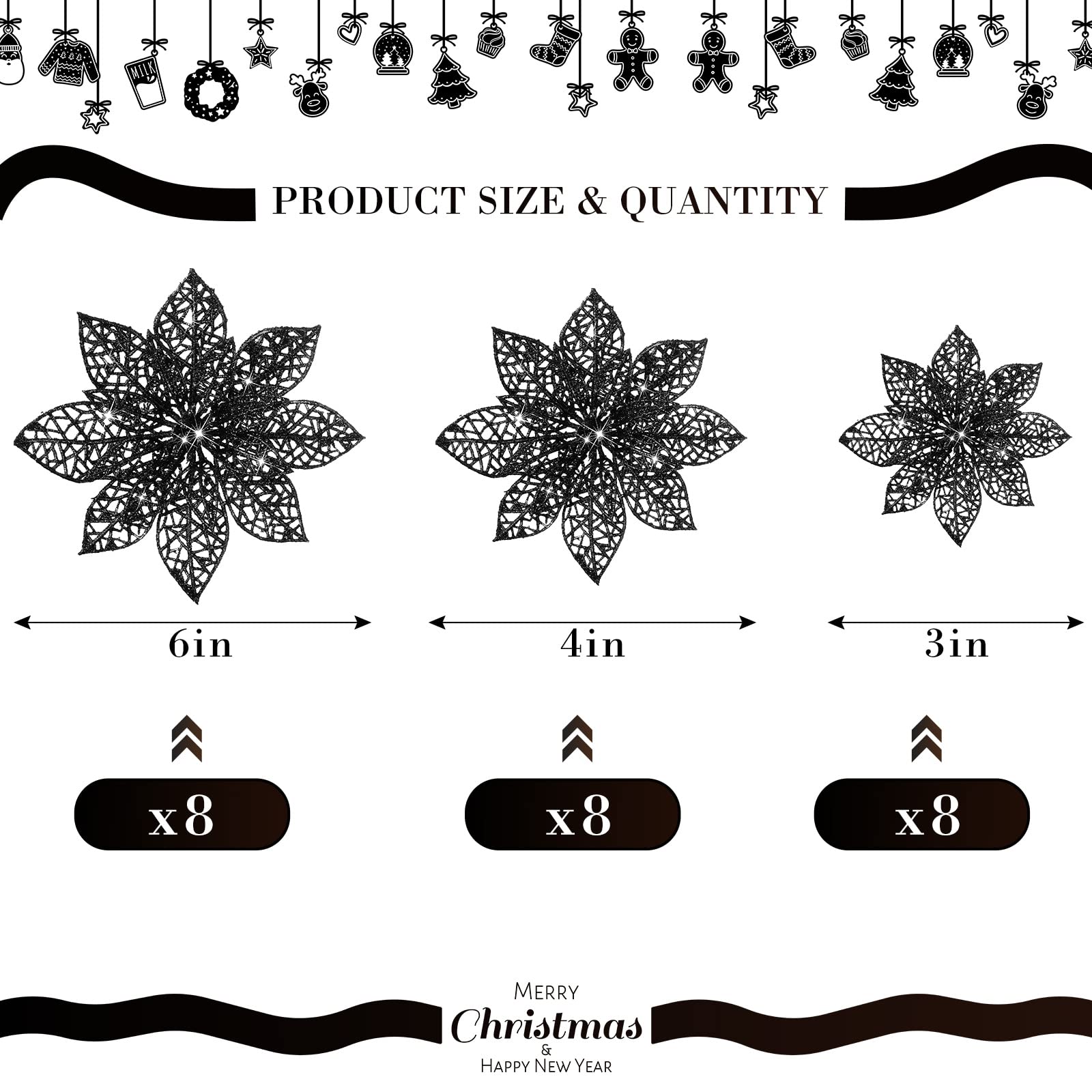 24 Pieces Glitter Poinsettia Christmas Tree Ornament Christmas Flowers Decor Ornament, 3/4/6 Inches (Black) - Image 2