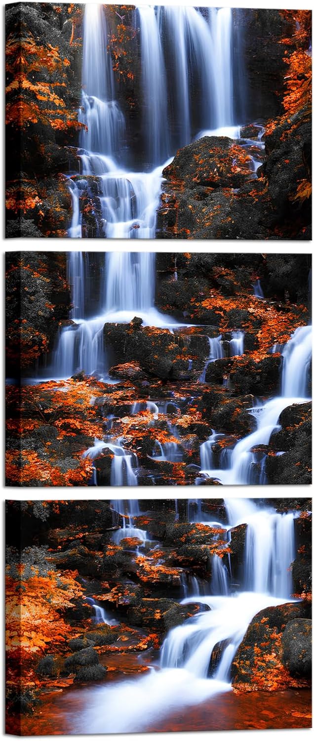 FuShvre Waterfall Canvas Art Wall Decor Vertical Waterfall and Fall Leaves Pictures Framed Nature Landscape Painting Prints Ready to Hang 16x12inchesx3pcs