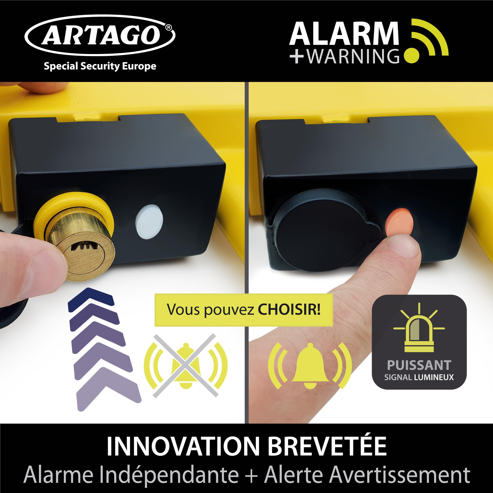 ARTAGO ART872 Antivol Voiture Sabot Roue Haut de Gamme, 2en1 Sans/Avec Alarme 120dB Alerte LED Plus Sûr et Dissuasif, Clés Haute Sécurité, Bloque Anti vol Caravane Universel Auto Camping-Car Remorque